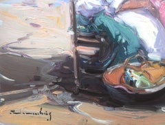 Madre e hija en la playa España óleo sobre tabla pintura marternidad