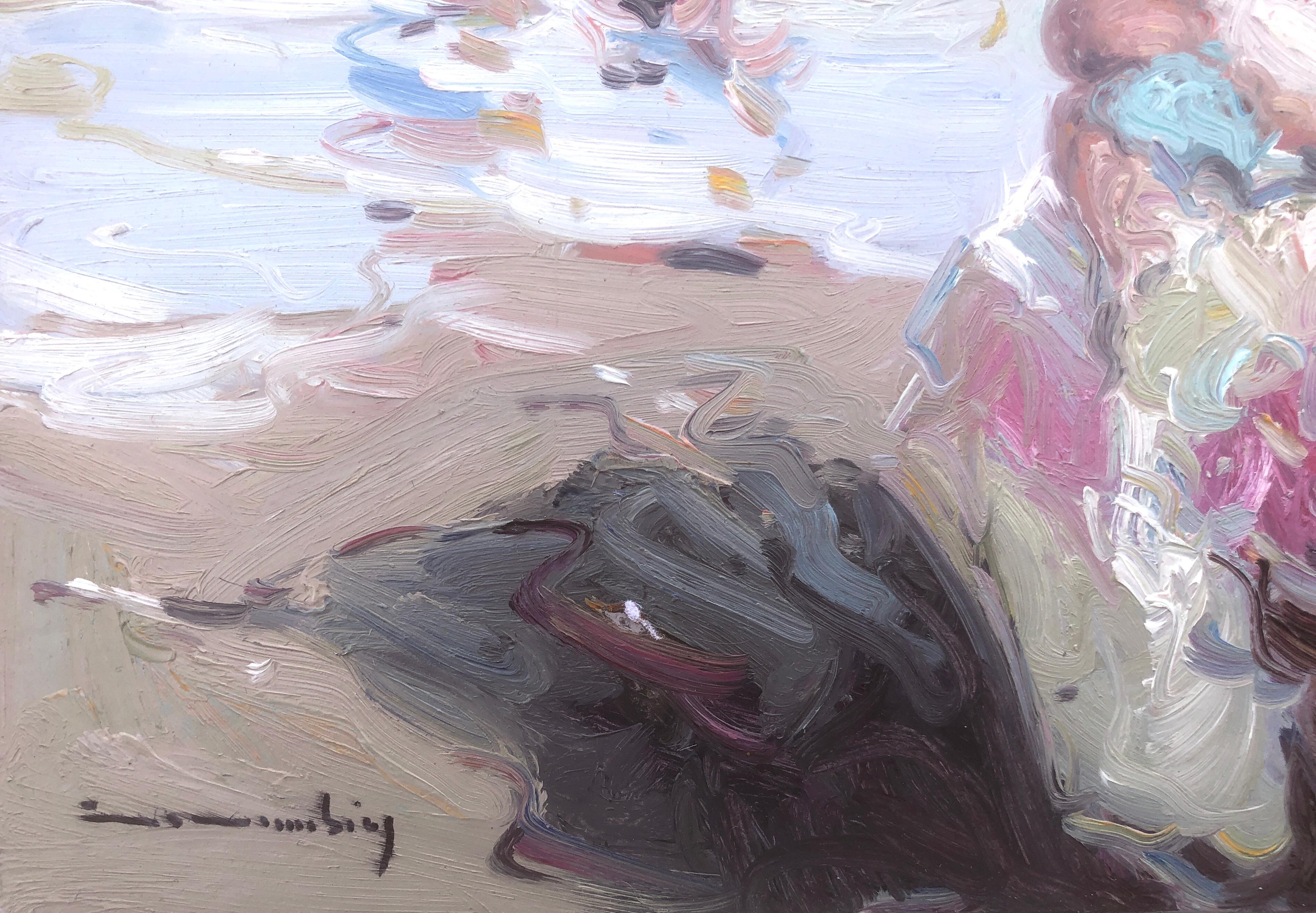 Mother and daughter on the beach Spain oil on board painting marternity - Painting by Gabriel Casarrubios