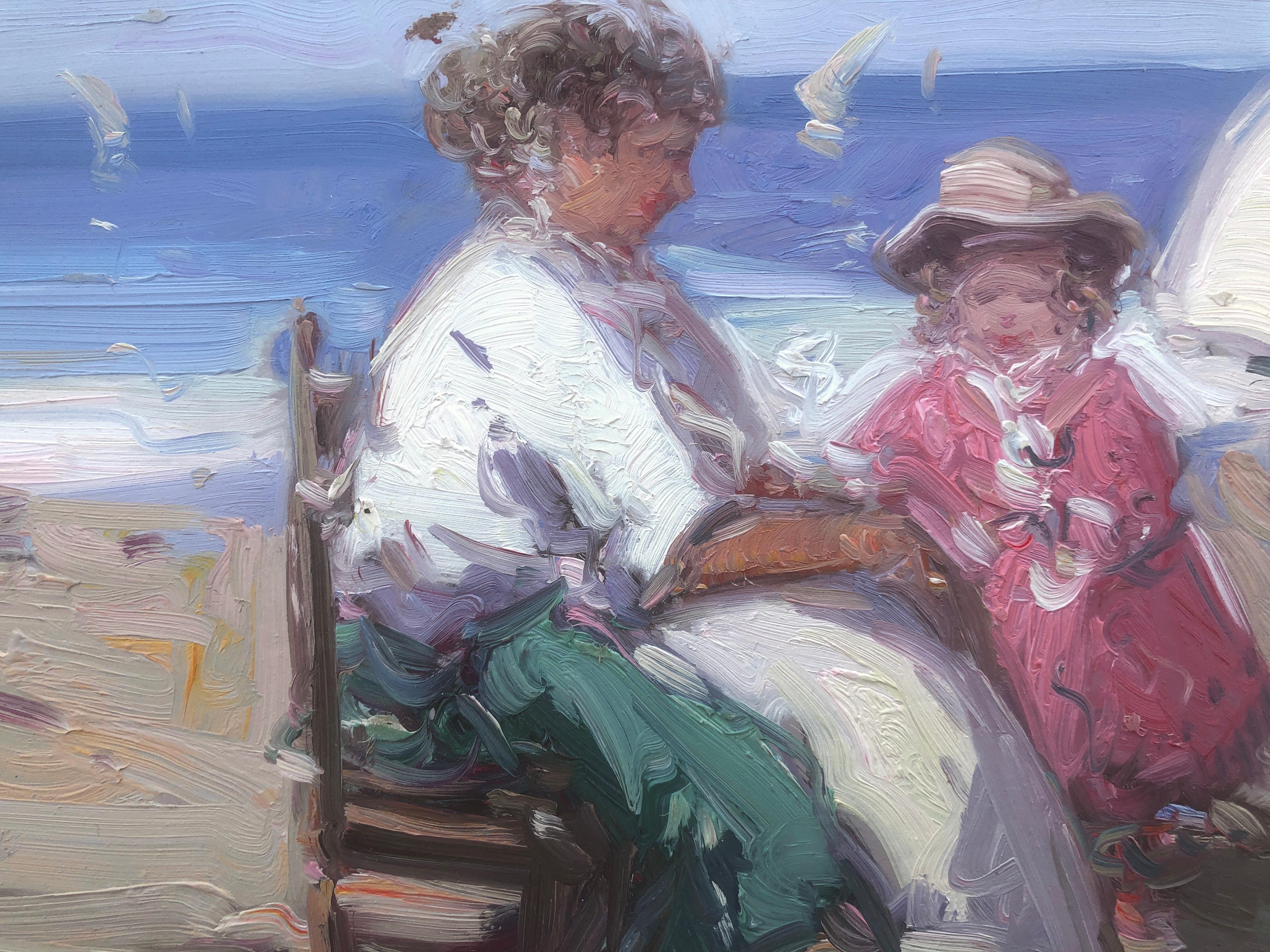 Mother and daughter on the beach Spain oil on board painting marternity - Post-Impressionist Painting by Gabriel Casarrubios