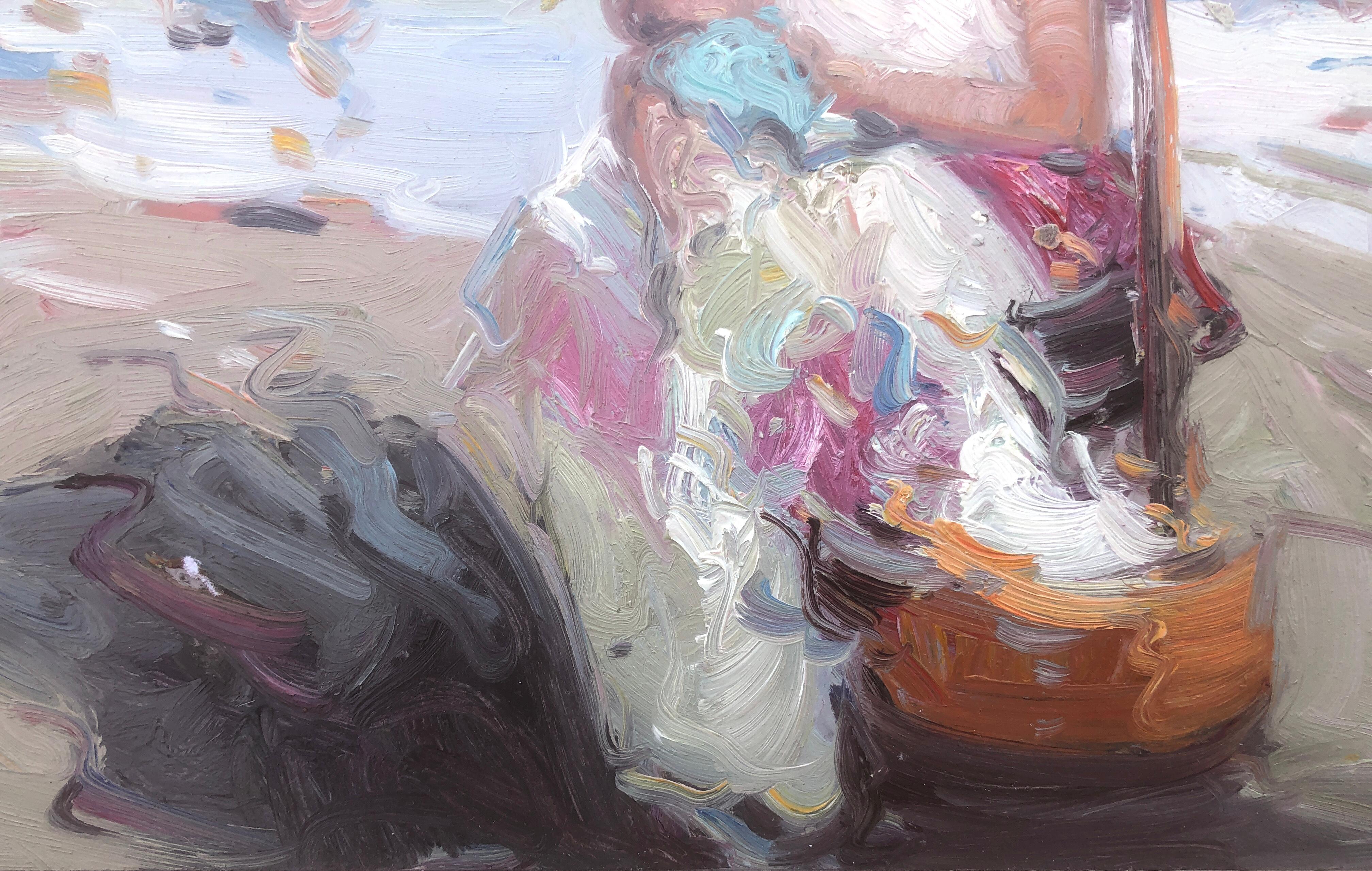 Mutter und Tochter am Strand, Spanien, Ölgemälde auf Karton, Gemälde Marternity (Post-Impressionismus), Painting, von Gabriel Casarrubios