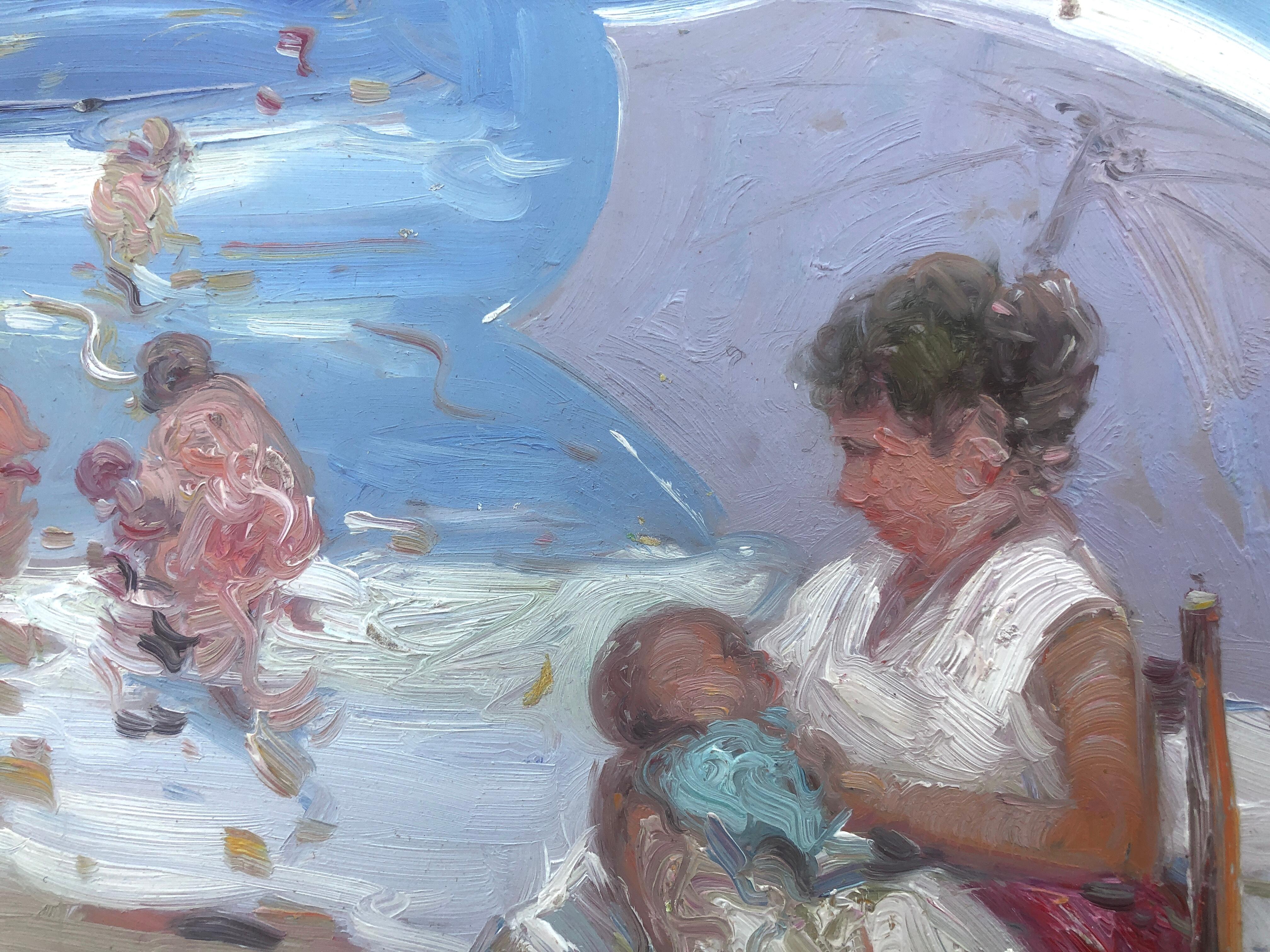Mother and daughter on the beach Spain oil on board painting marternity For Sale 1
