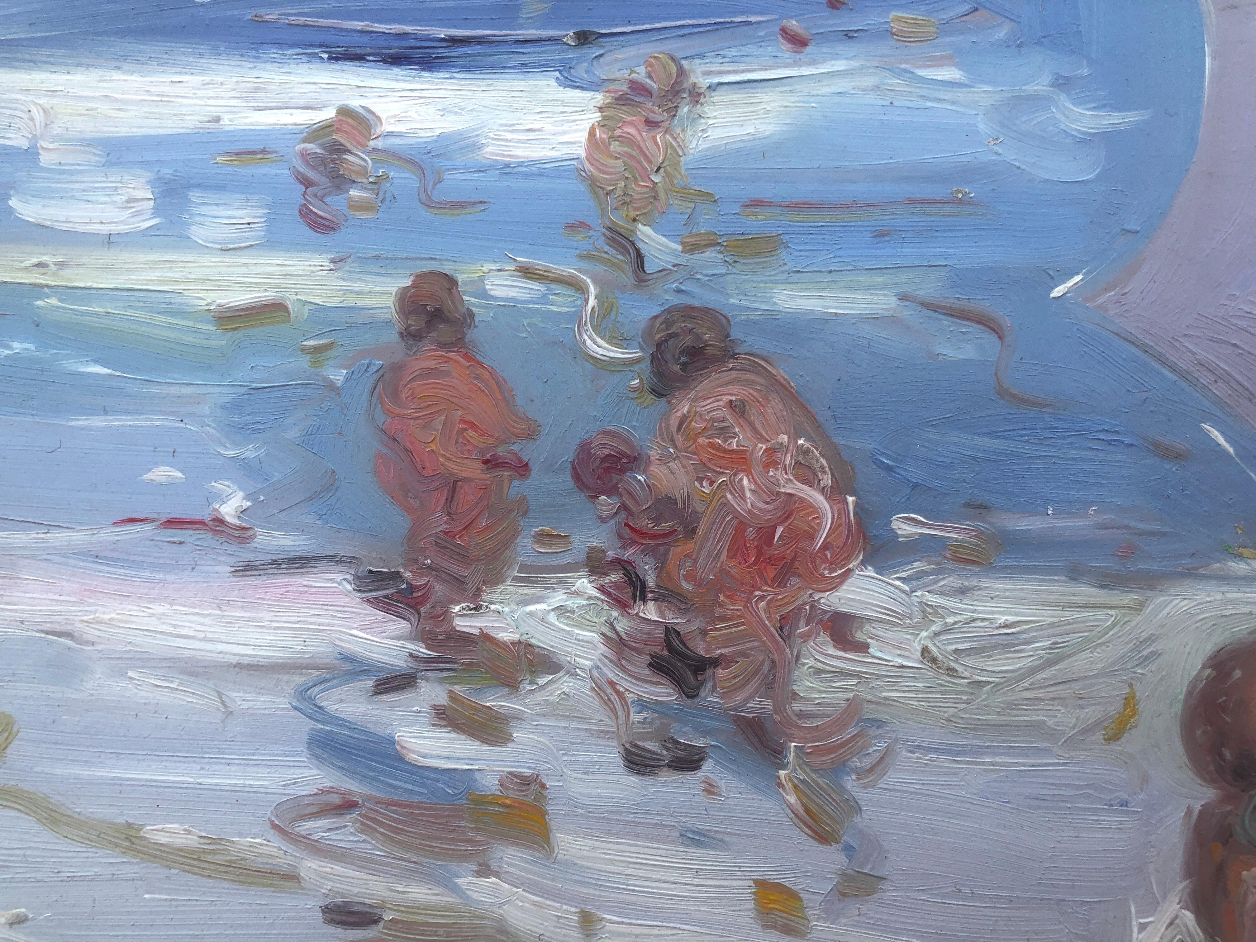 Mother and daughter on the beach Spain oil on board painting marternity For Sale 2