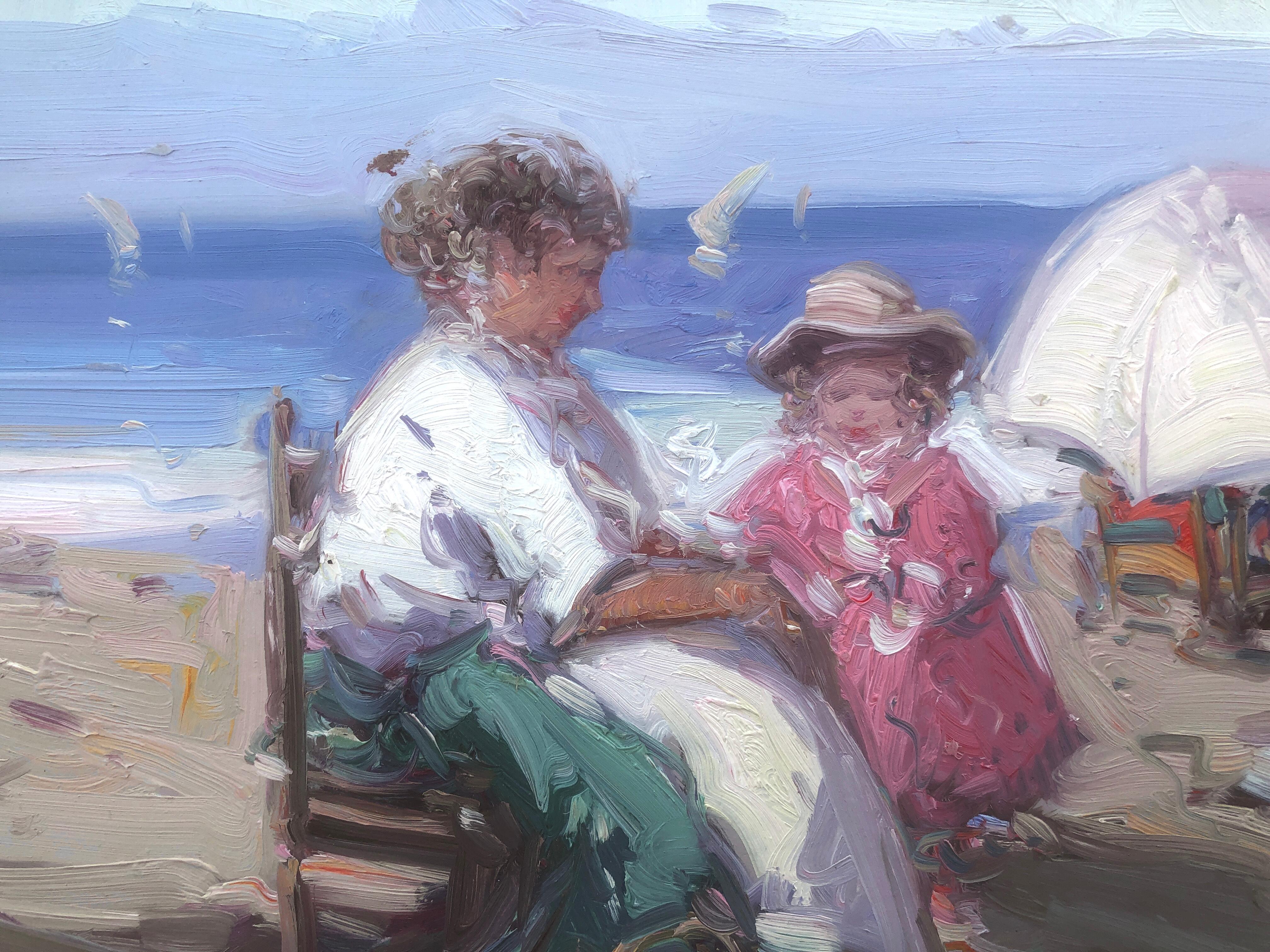 Mutter und Tochter am Strand, Spanien, Ölgemälde auf Karton, Gemälde Marternity im Angebot 3