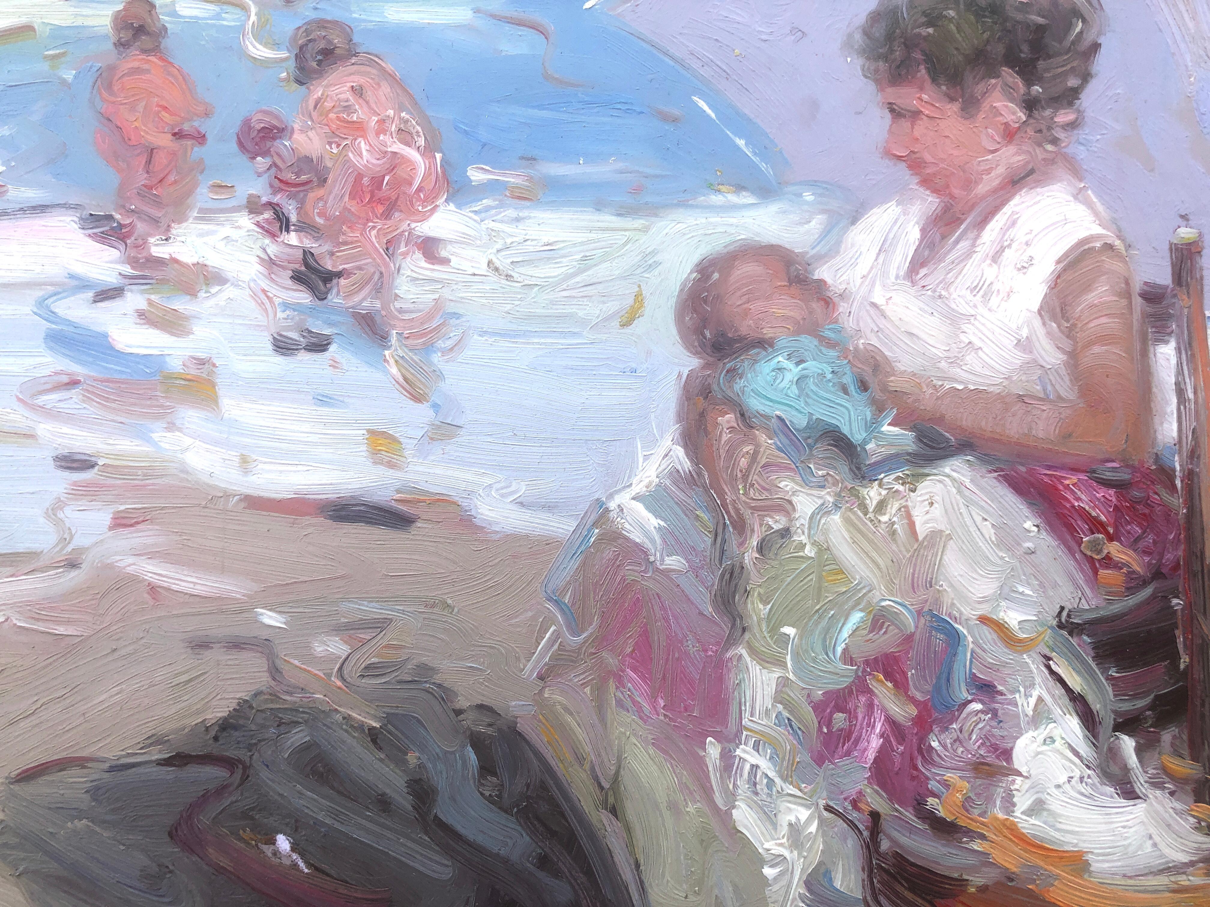 Mother and daughter on the beach Spain oil on board painting marternity For Sale 3