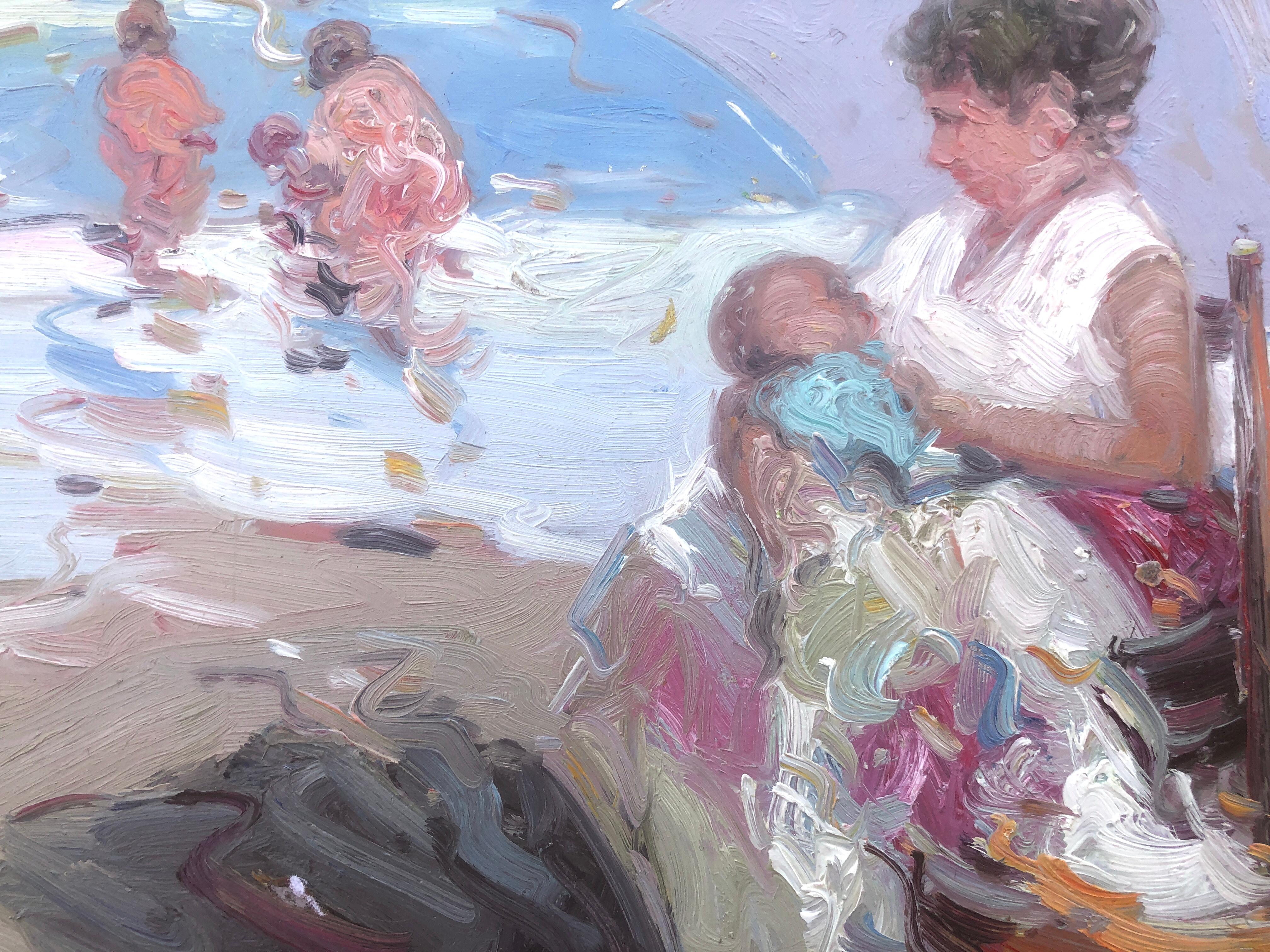 Madre e figlia sulla spiaggia Spagna olio su tavola pittura marternity 2