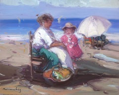 Mère et fille à la plage Espagne peinture à l'huile sur carton marternity