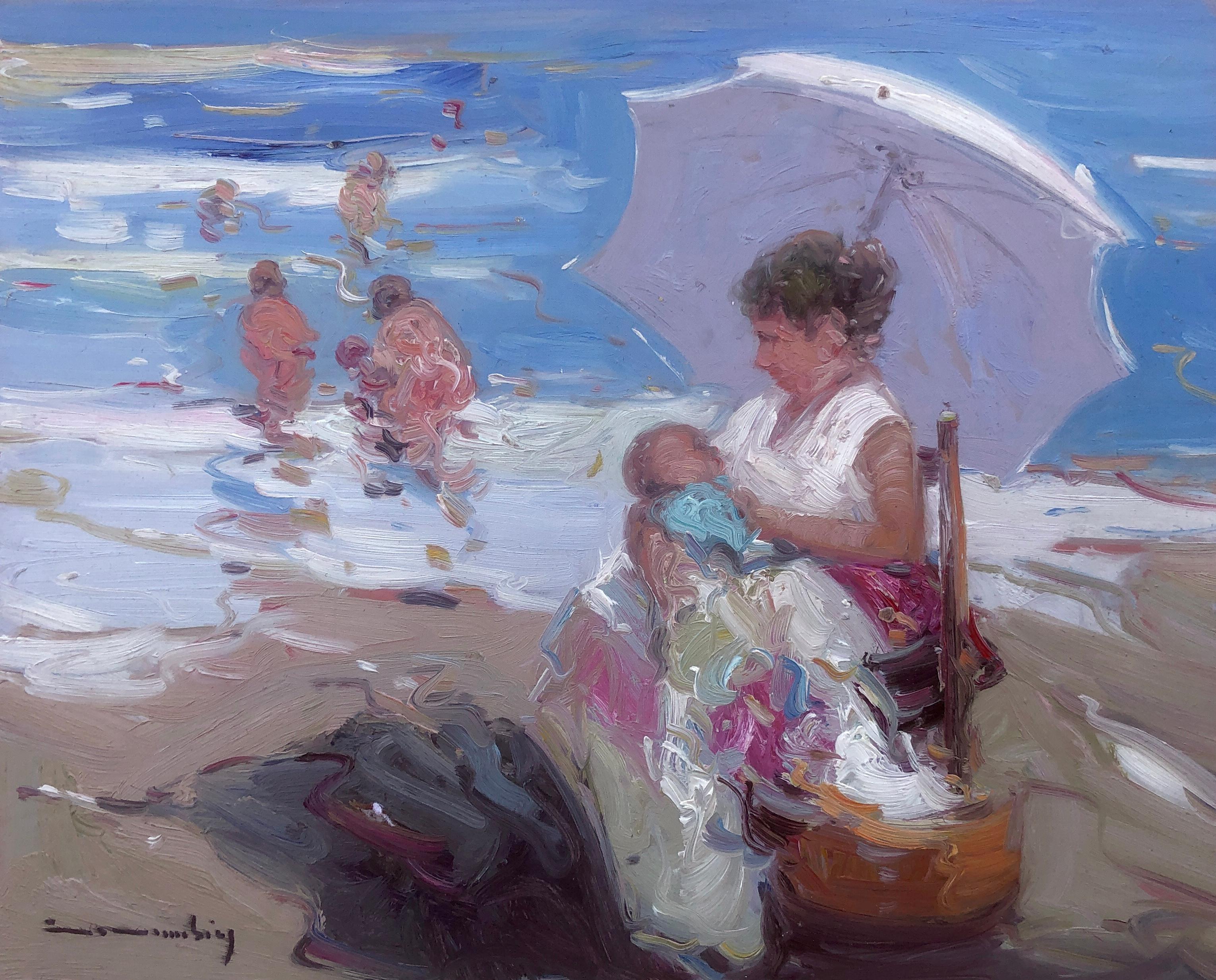Mother and daughter on the beach Spain oil on board painting marternity