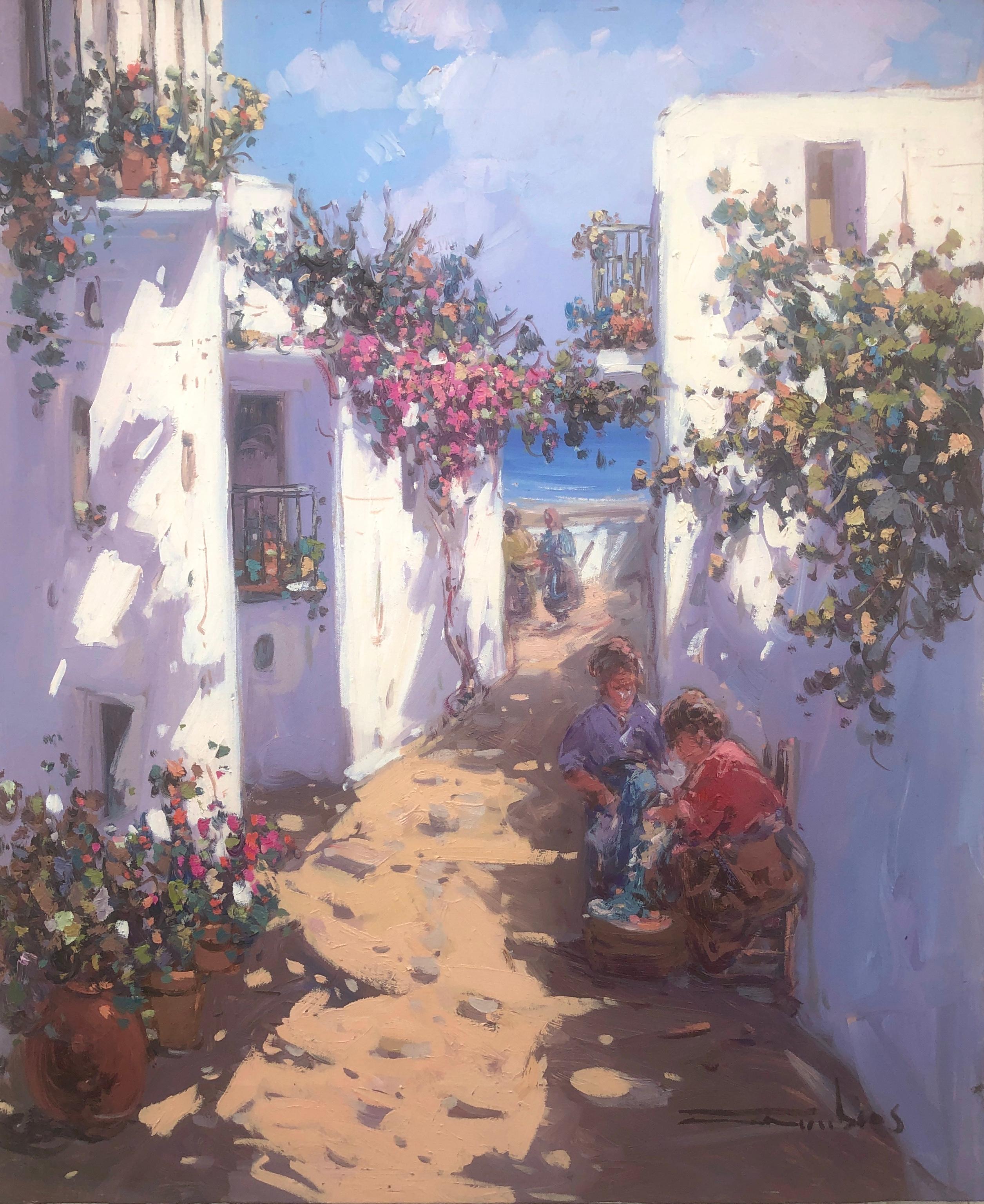 Landscape Painting Gabriel Casarrubios - Huile sur toile d'Espagne représentant une ville méditerranéenne