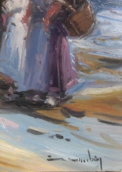 Peinture à l'huile sur panneau - Espagne - pêcheurs espagnols sur la plage