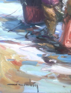 Peinture à l'huile sur panneau - Espagne - pêcheurs espagnols sur la plage