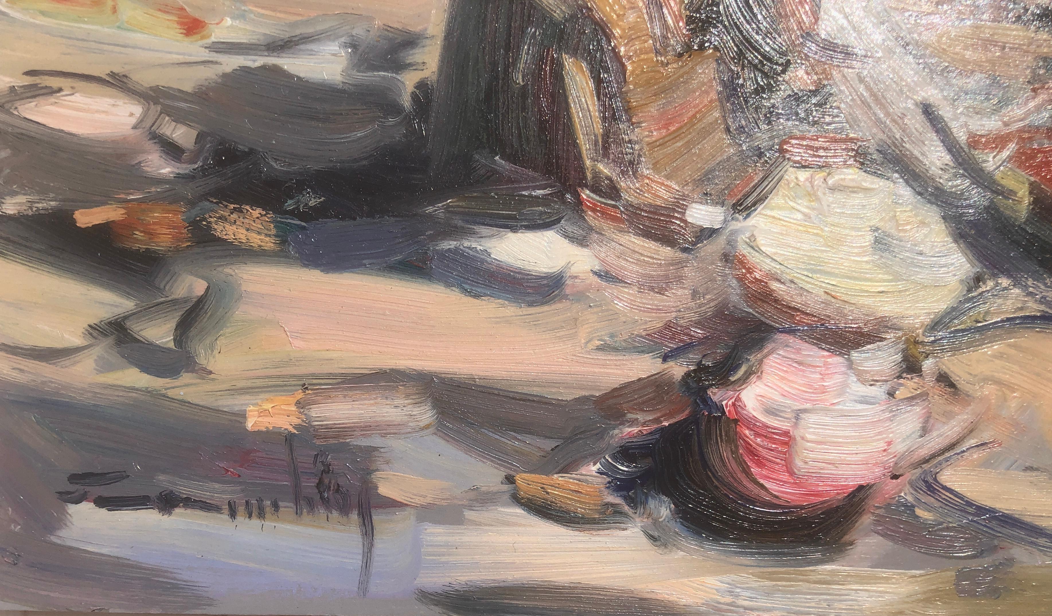 Peinture à l'huile sur panneau - Espagne - pêcheurs espagnols sur la plage - Painting de Gabriel Casarrubios