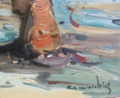 Peinture à l'huile sur panneau - Espagne - pêcheurs espagnols sur la plage