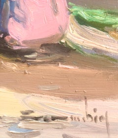 Peinture à l'huile sur panneau - Espagne - pêcheurs espagnols sur la plage