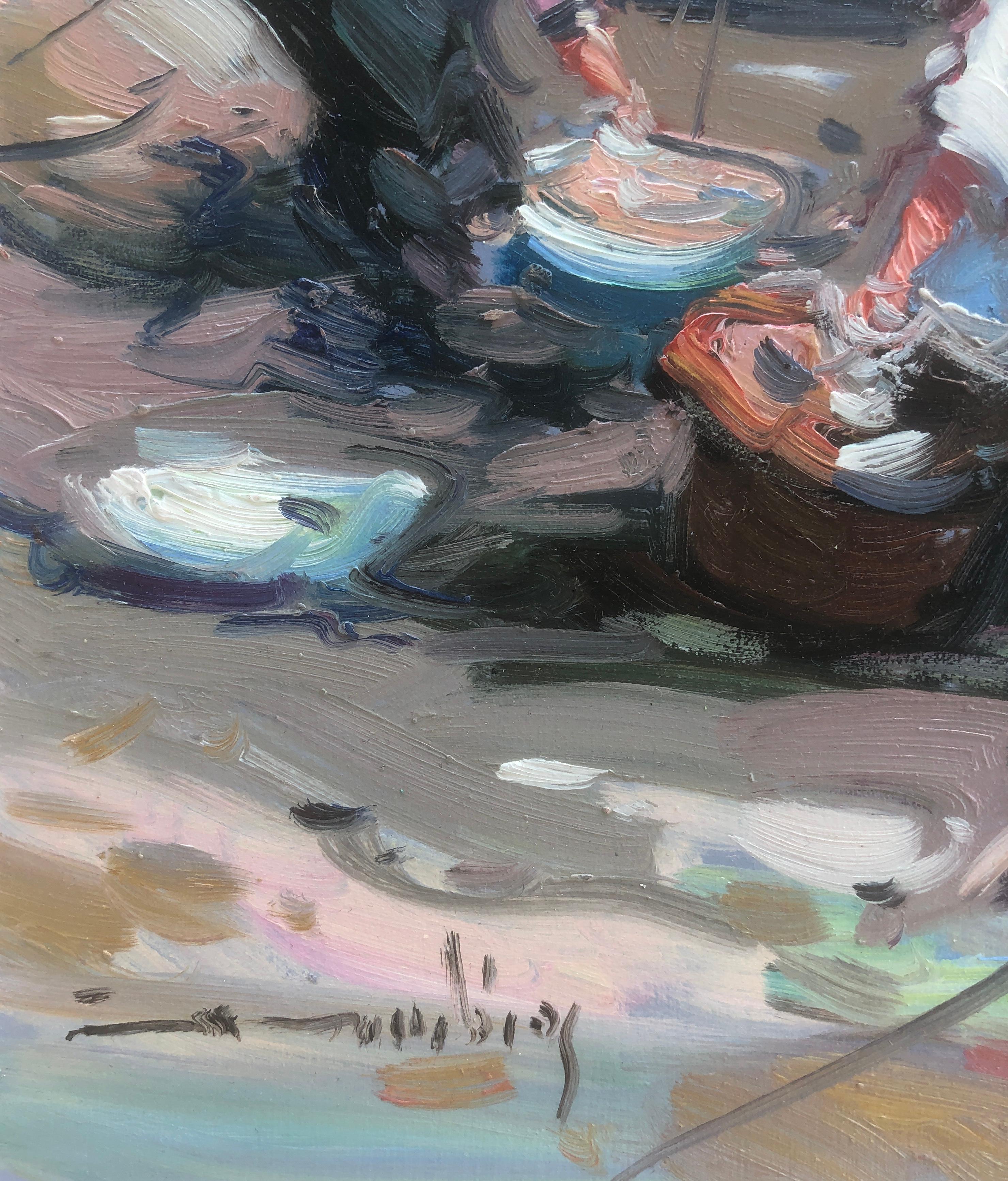 Peinture à l'huile sur panneau - Espagne - pêcheurs espagnols sur la plage - Painting de Gabriel Casarrubios