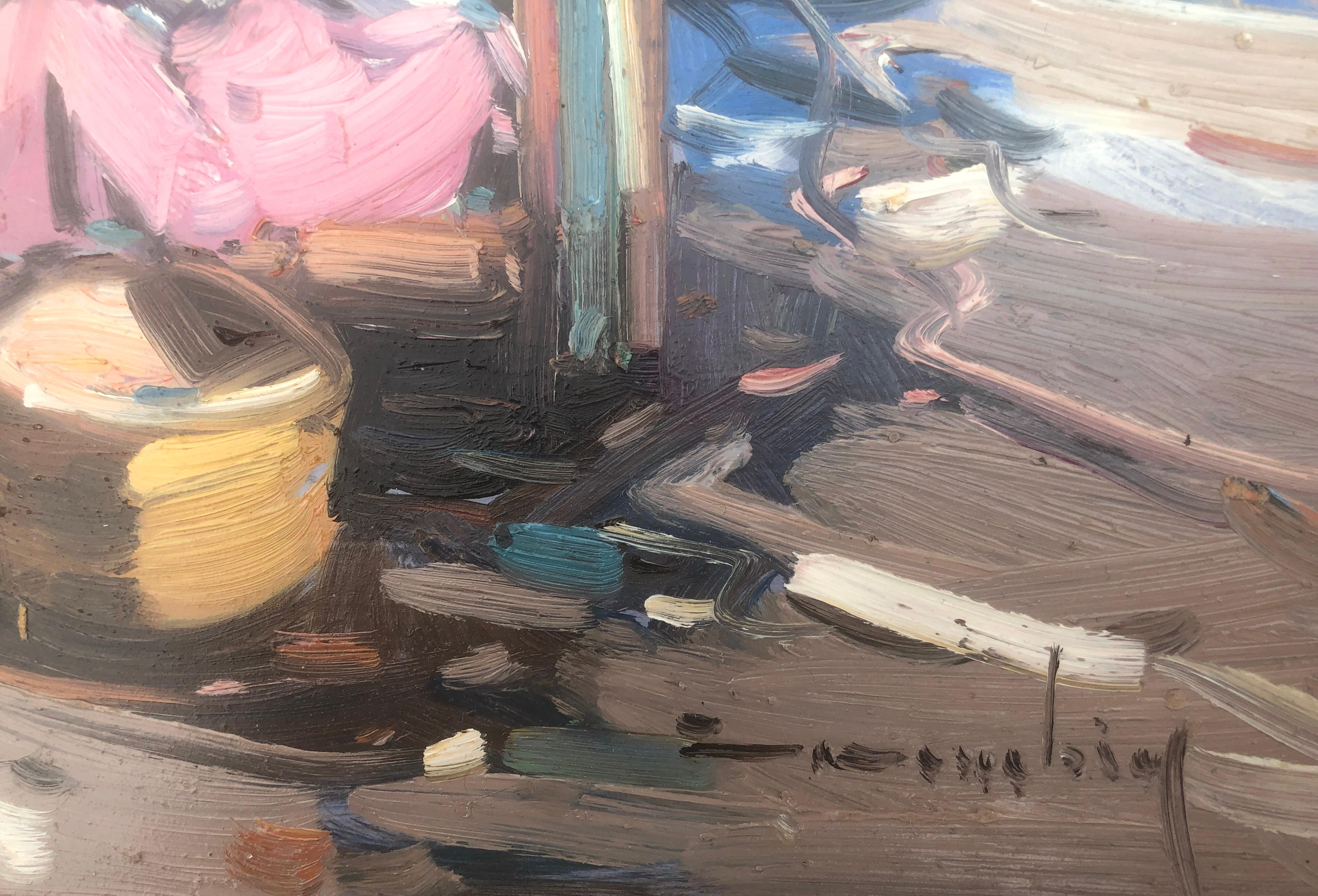 Pescadores españoles en la playa España pintura al óleo sobre tabla - Painting de Gabriel Casarrubios