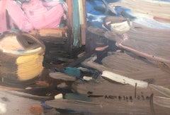 Peinture à l'huile sur panneau - Espagne - pêcheurs espagnols sur la plage