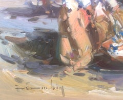 Peinture à l'huile sur panneau - Espagne - pêcheurs espagnols sur la plage