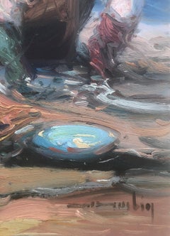 Peinture à l'huile sur panneau - Espagne - pêcheurs espagnols sur la plage