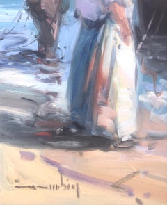 Pescadores españoles en la playa España pintura al óleo sobre tabla