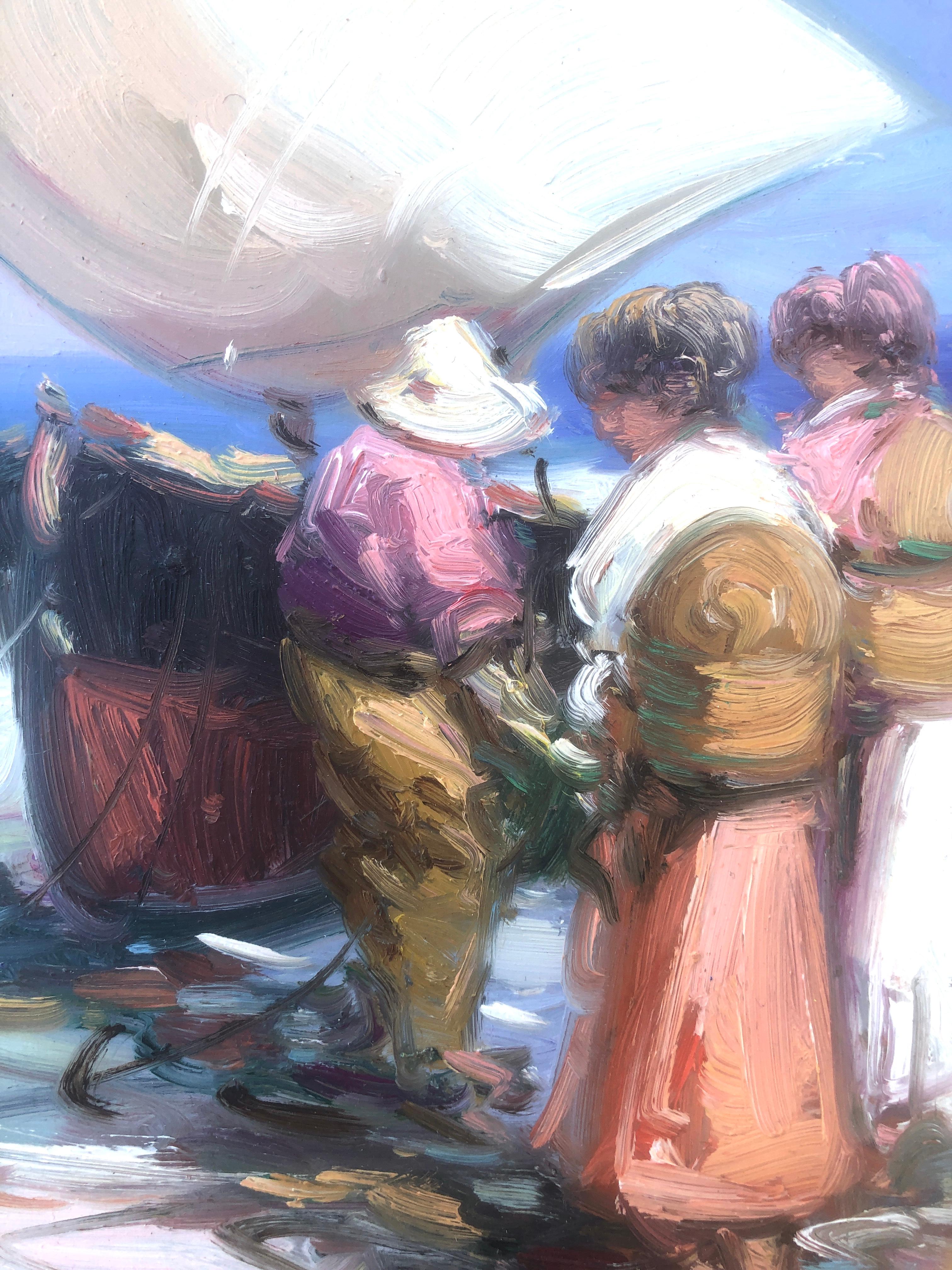 Peinture à l'huile sur panneau - Espagne - pêcheurs espagnols sur la plage - Post-impressionnisme Painting par Gabriel Casarrubios