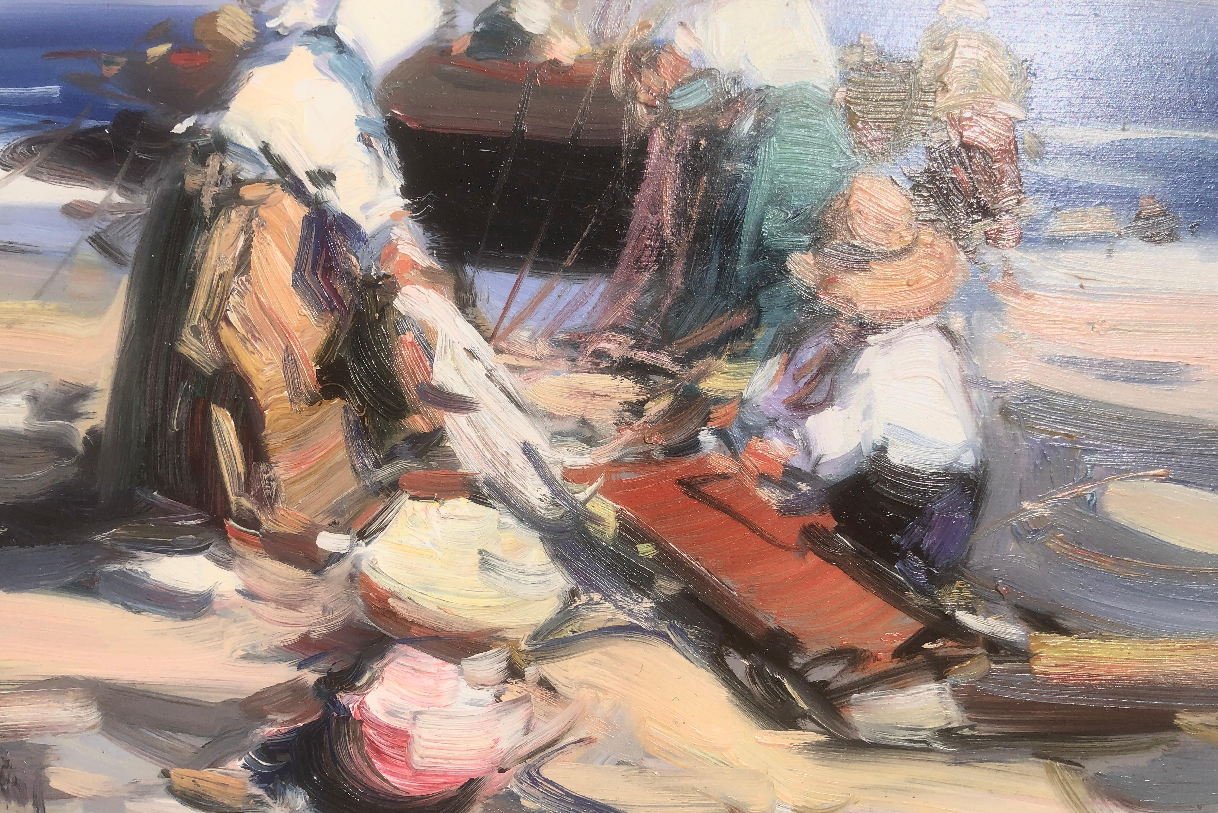 Spanish fishermen on the beach Spain oil on board painting - Post-Impressionist Painting by Gabriel Casarrubios