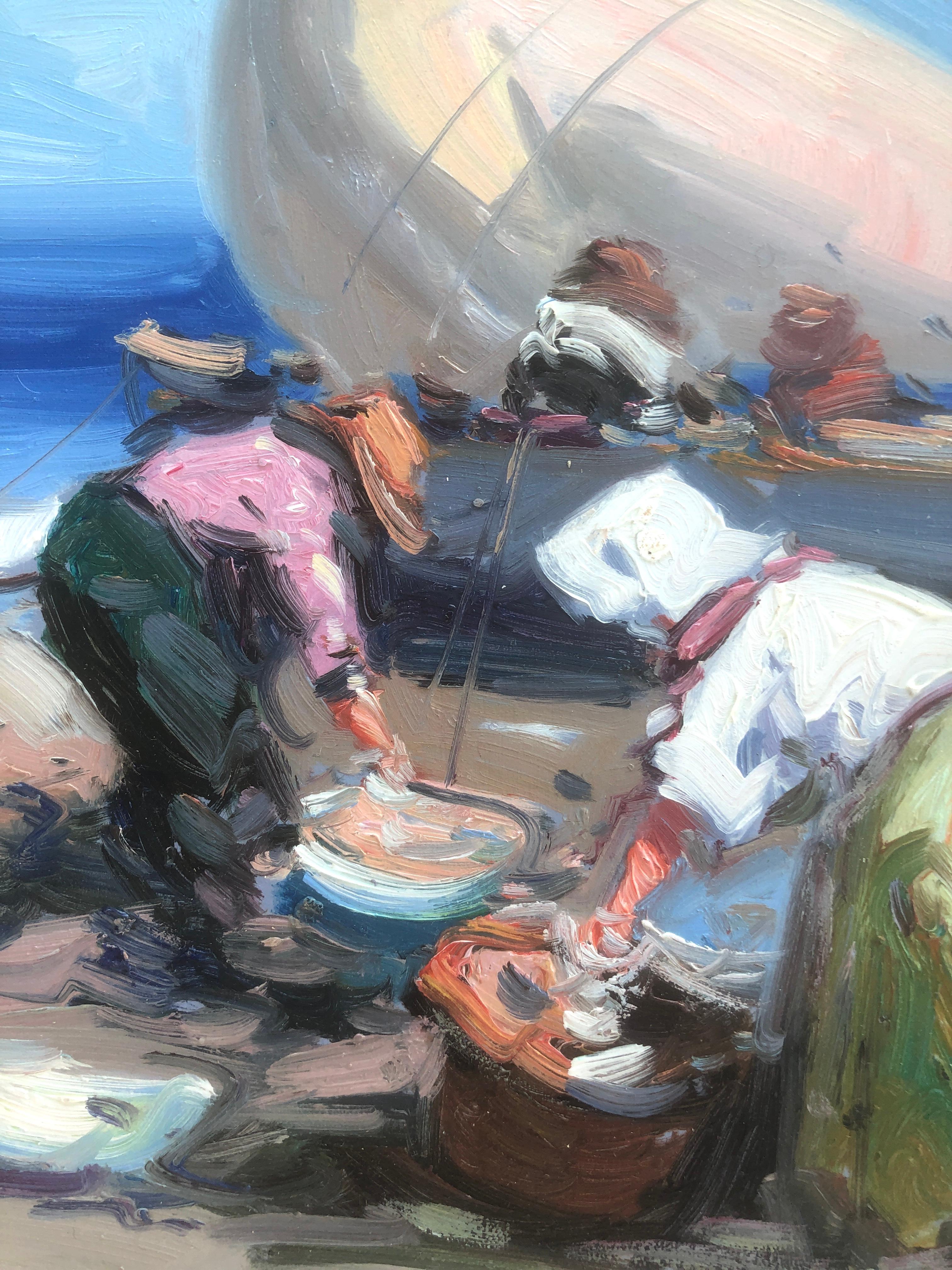 Spanische Fischer am Strand, Spanien, Ölgemälde auf Karton (Post-Impressionismus), Painting, von Gabriel Casarrubios