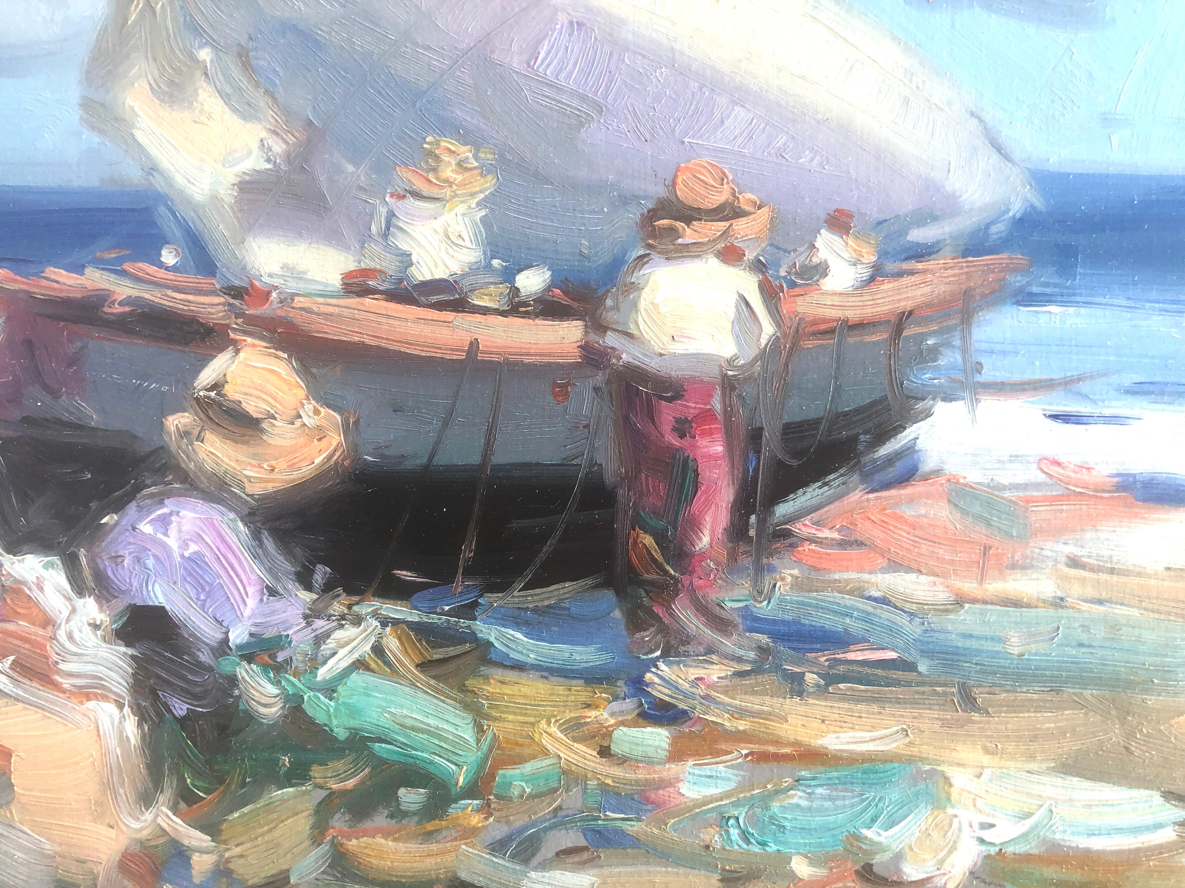 Spanische Fischer am Strand, Spanien, Ölgemälde auf Karton (Post-Impressionismus), Painting, von Gabriel Casarrubios