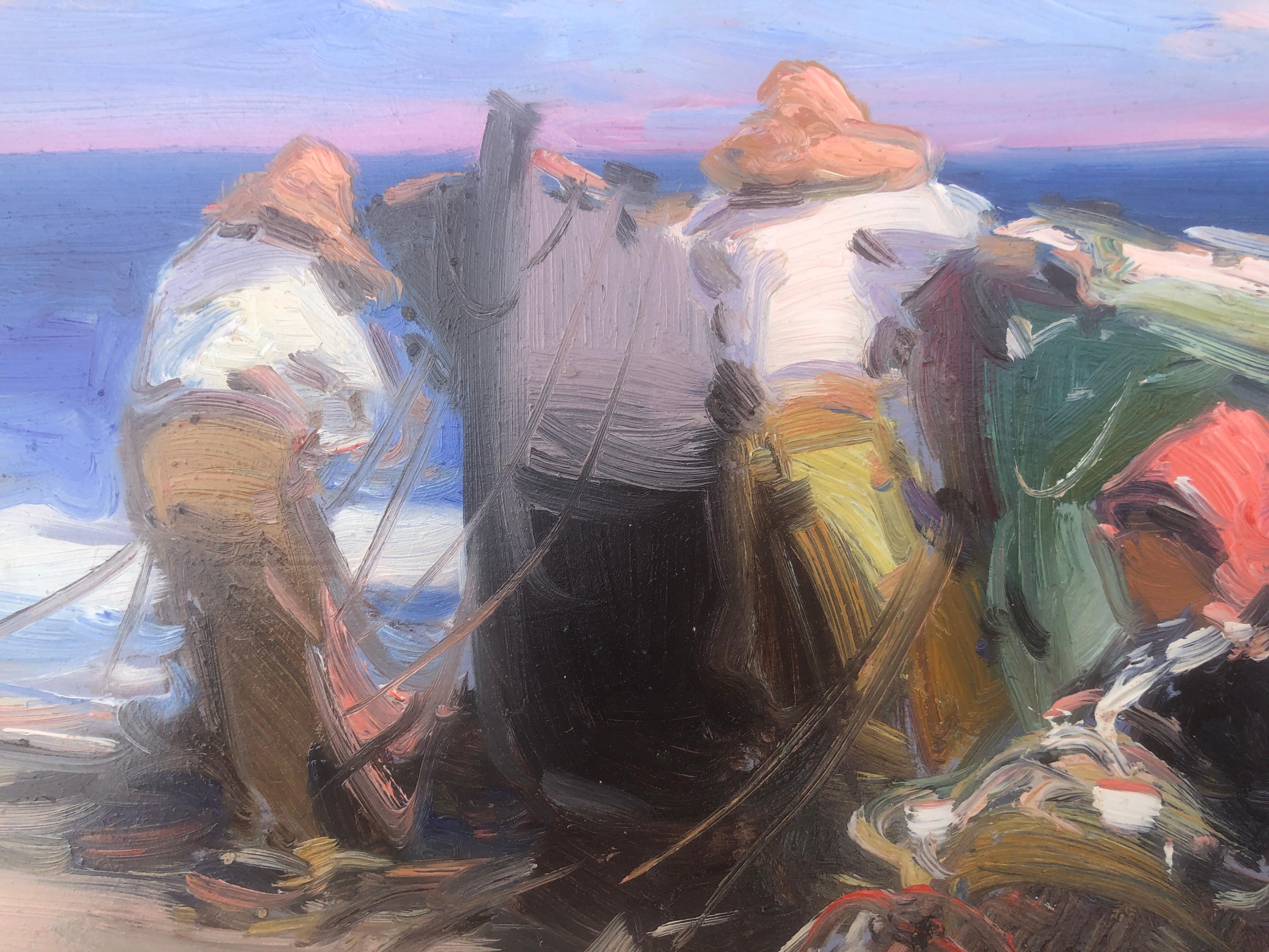 Spanish fishermen on the beach Spain oil on board painting - Post-Impressionist Painting by Gabriel Casarrubios