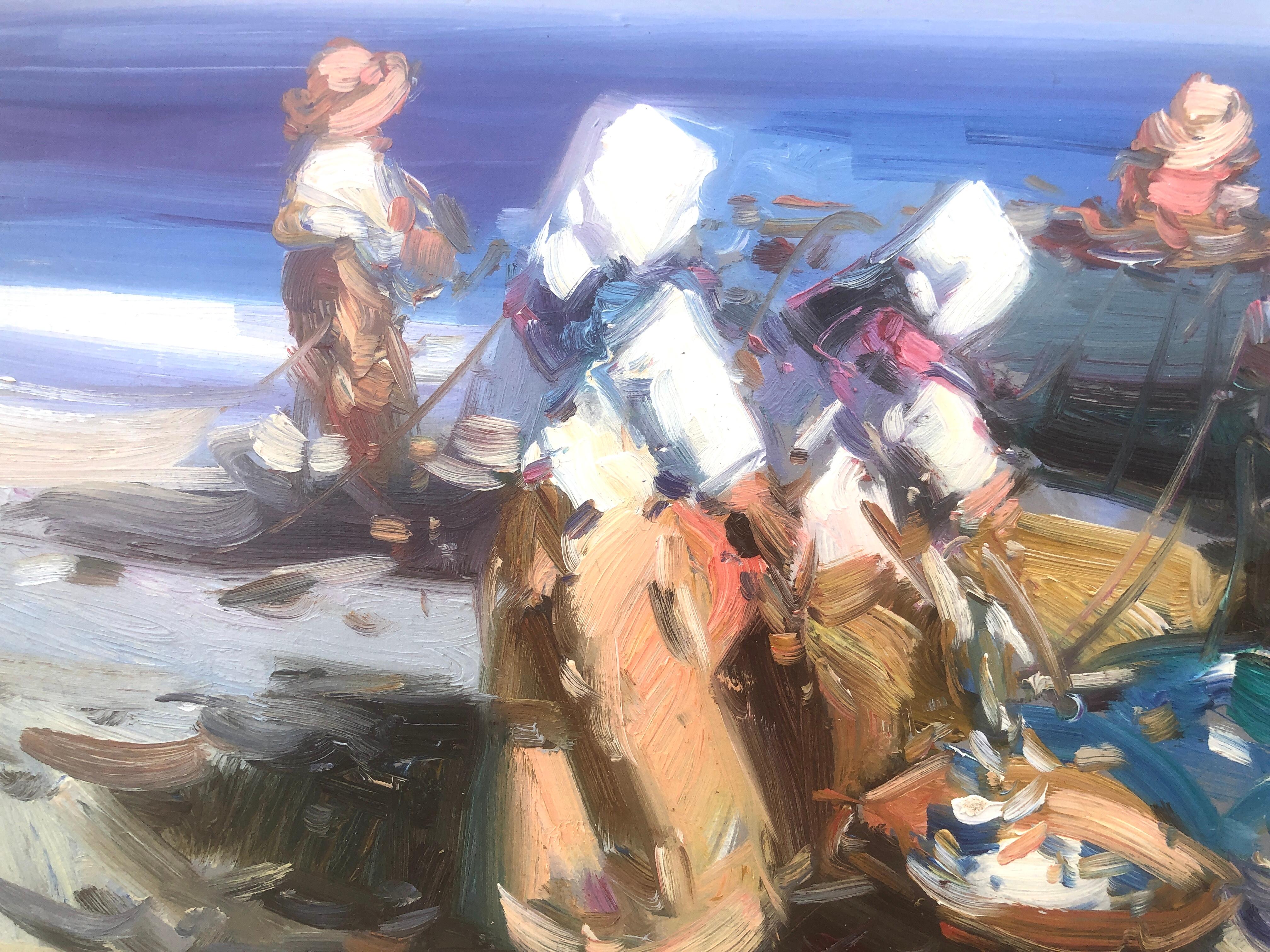 Peinture à l'huile sur panneau - Espagne - pêcheurs espagnols sur la plage - Post-impressionnisme Painting par Gabriel Casarrubios