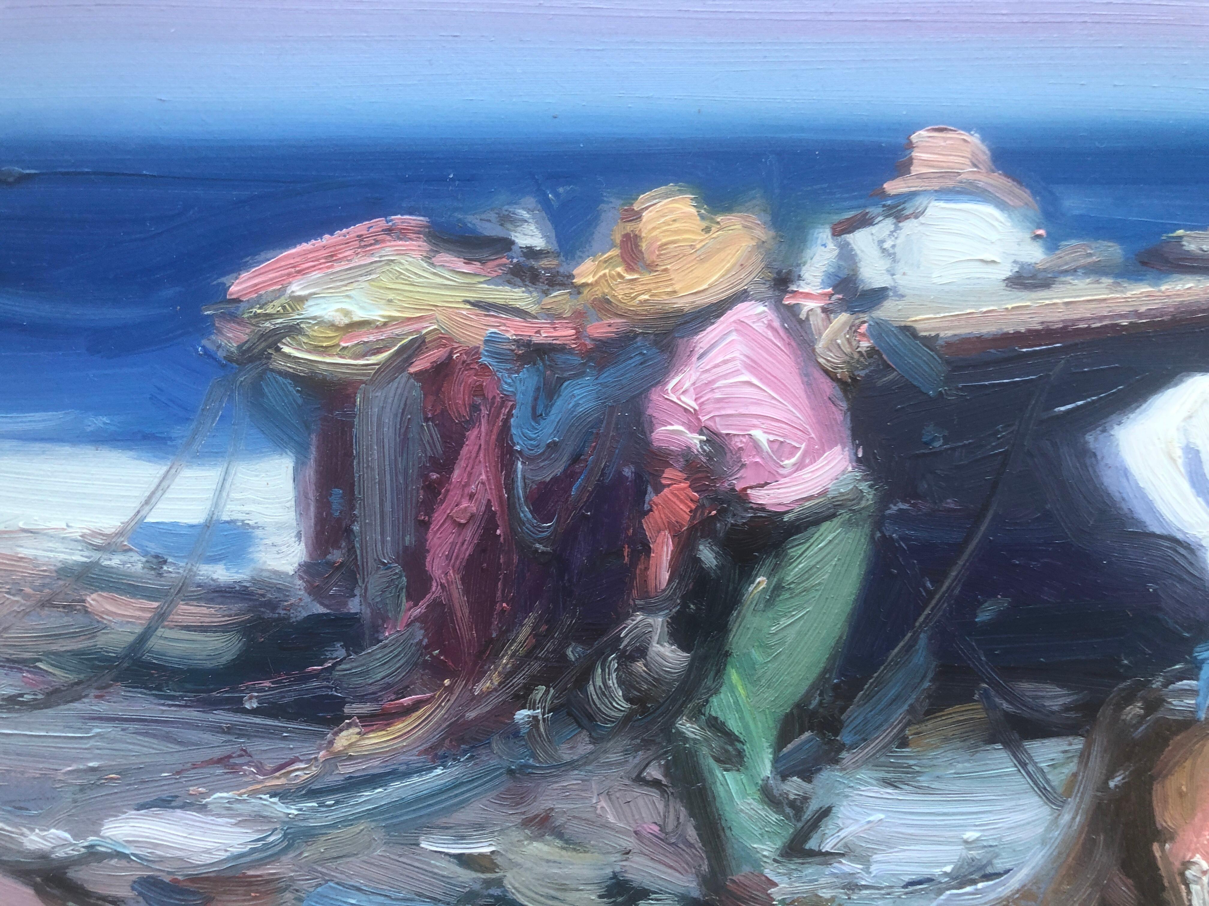 Spanish fishermen on the beach Spain oil on board painting - Post-Impressionist Painting by Gabriel Casarrubios