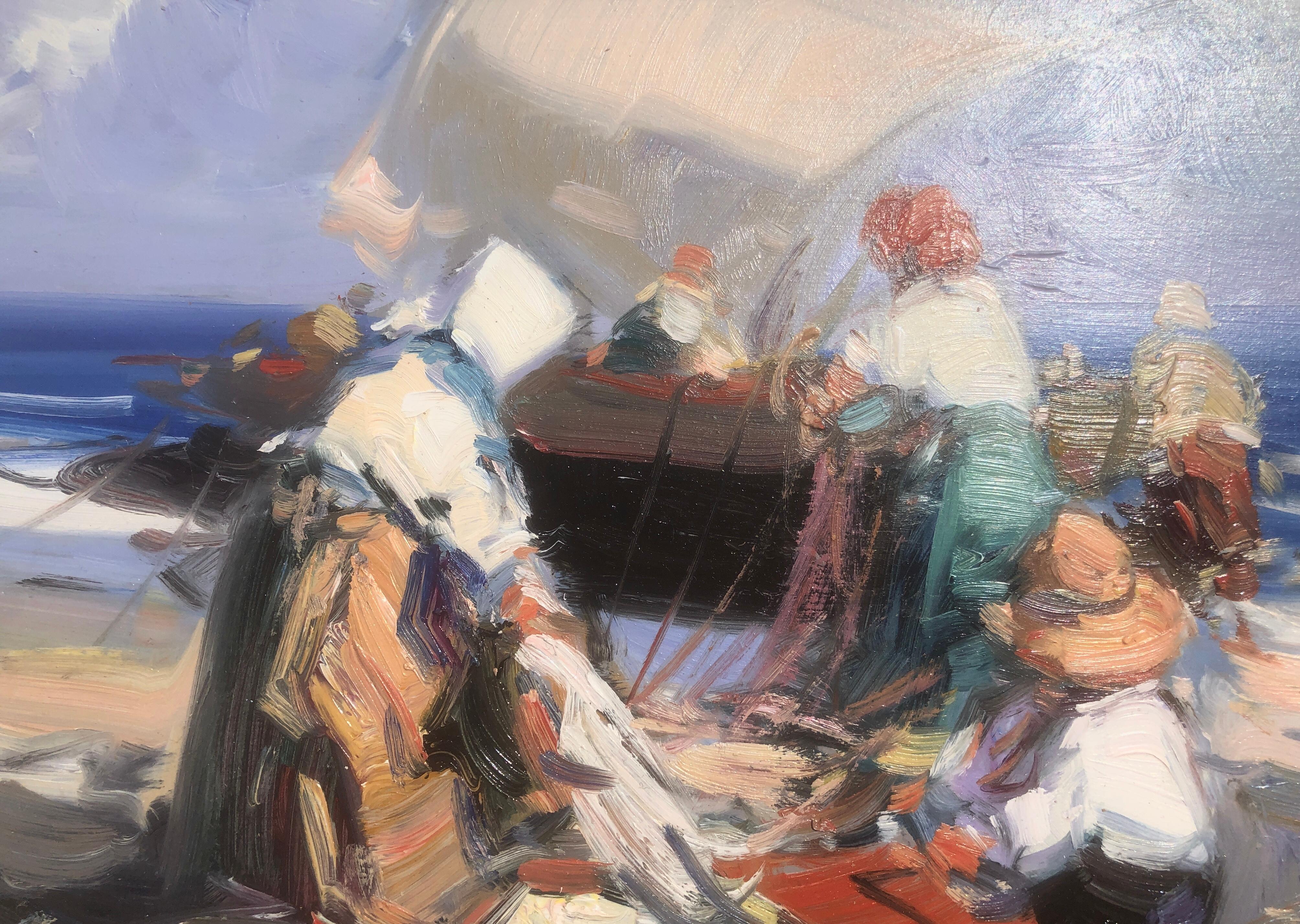 Peinture à l'huile sur panneau - Espagne - pêcheurs espagnols sur la plage - Beige Figurative Painting par Gabriel Casarrubios
