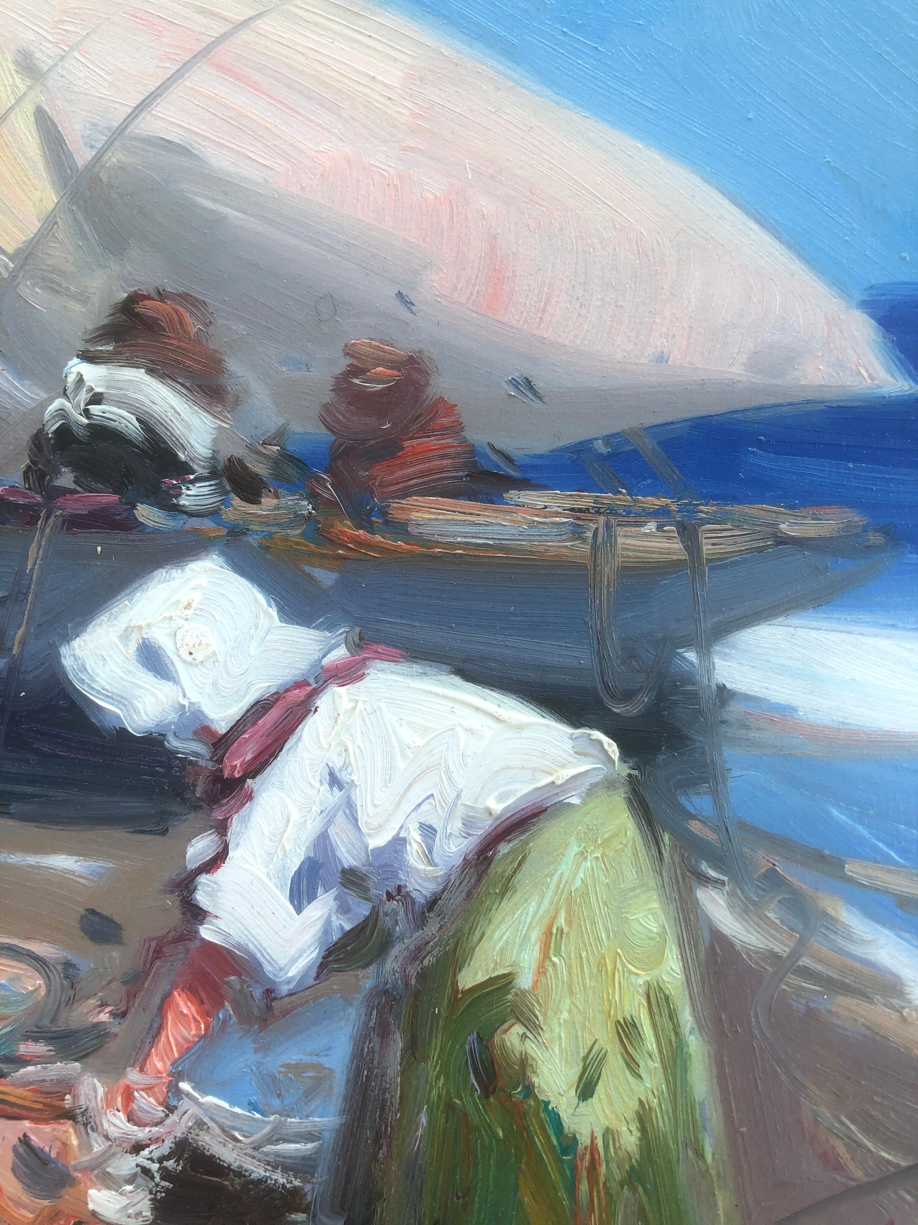 Peinture à l'huile sur panneau - Espagne - pêcheurs espagnols sur la plage - Gris Landscape Painting par Gabriel Casarrubios