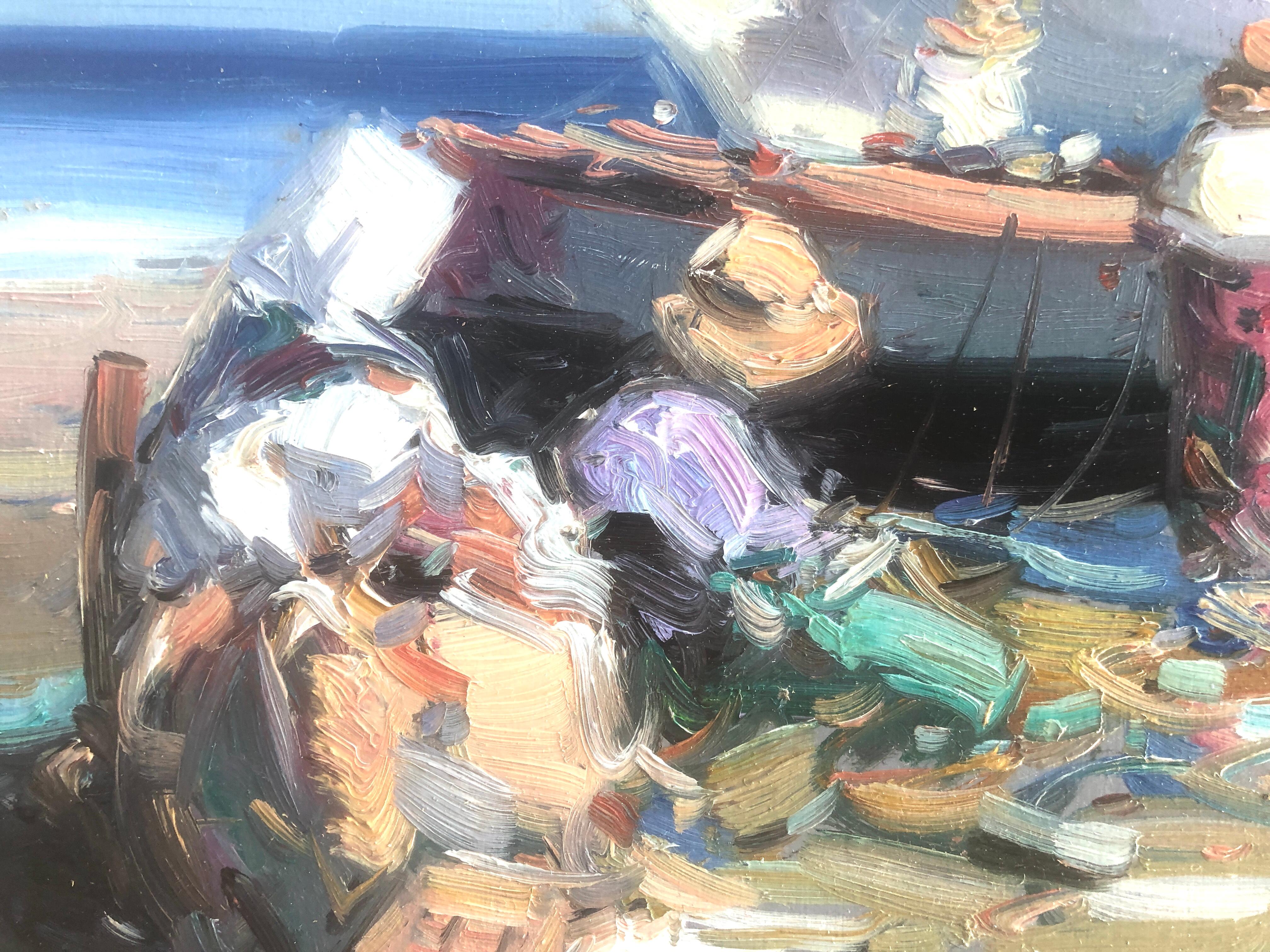 Peinture à l'huile sur panneau - Espagne - pêcheurs espagnols sur la plage - Gris Landscape Painting par Gabriel Casarrubios