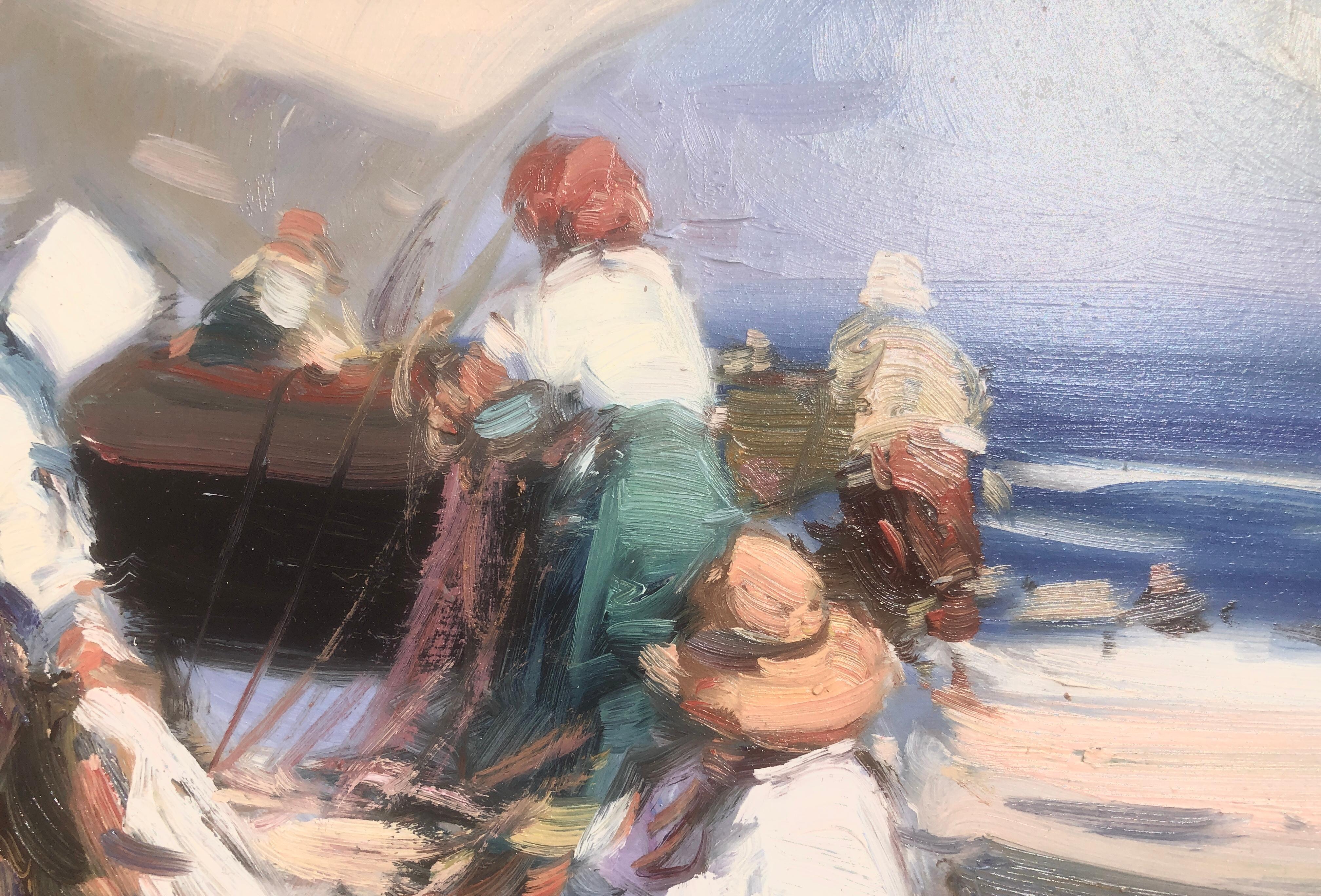 Spanish fishermen on the beach Spain oil on board painting For Sale 1