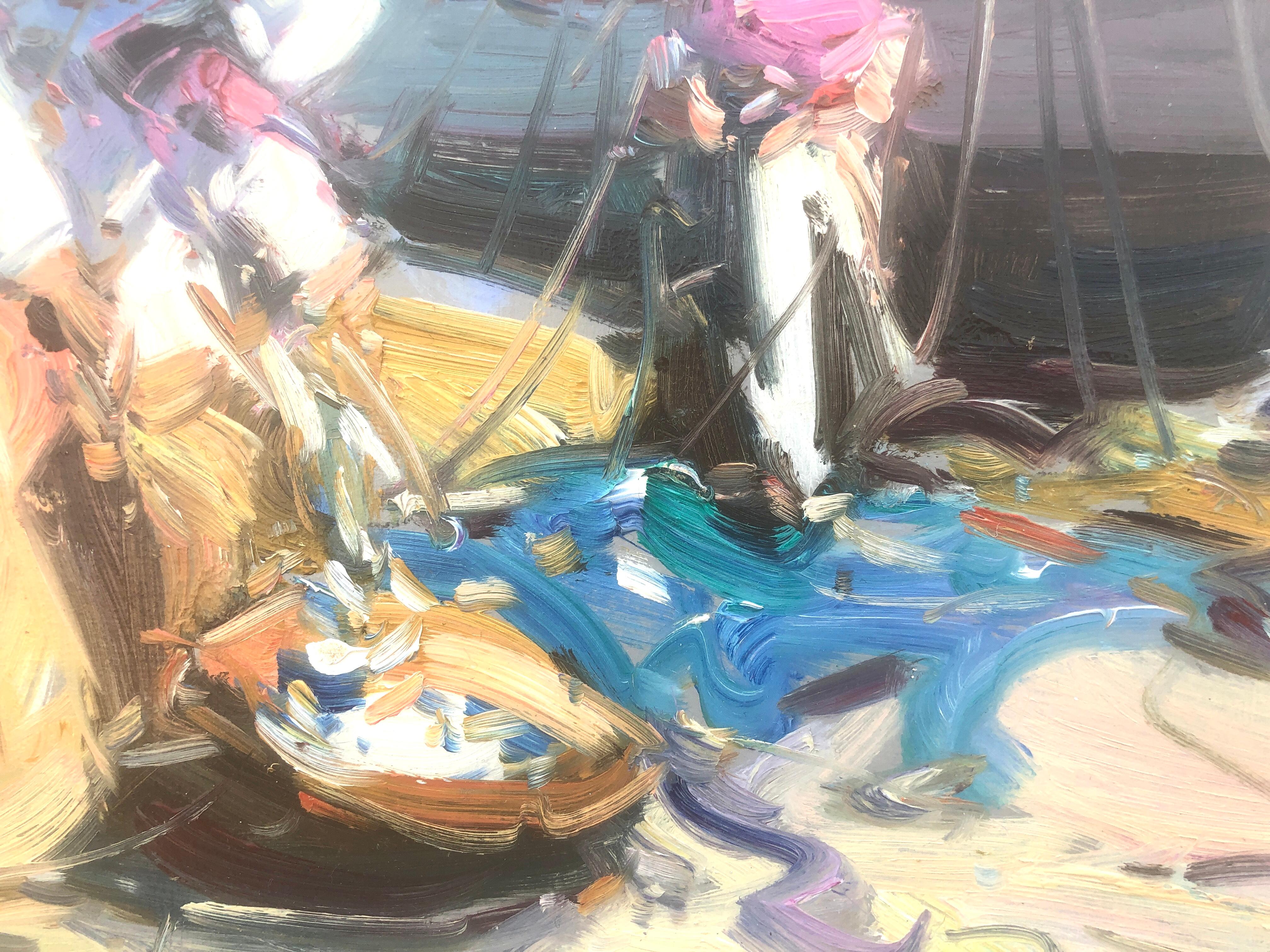 Peinture à l'huile sur panneau - Espagne - pêcheurs espagnols sur la plage en vente 1