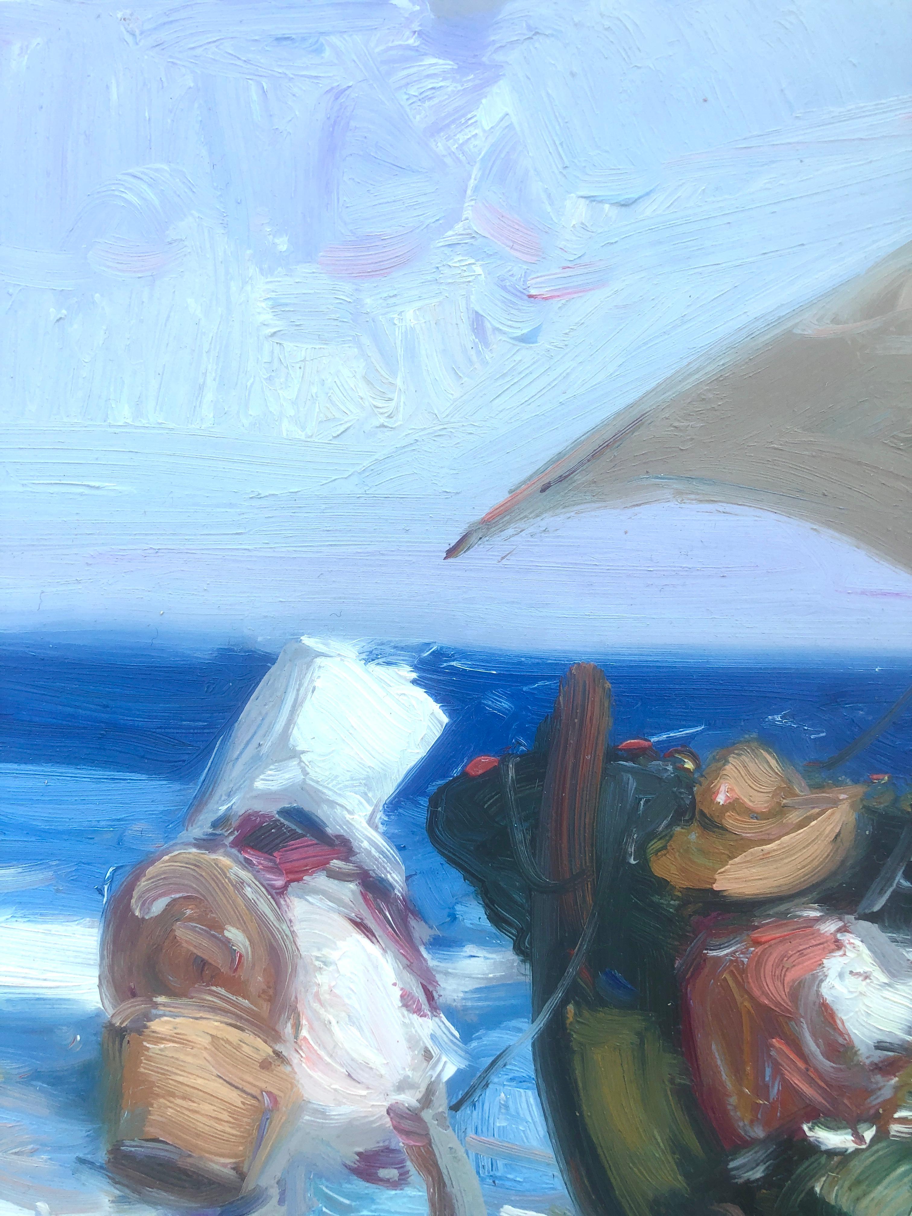 Spanish fishermen on the beach Spain oil on board painting - Gray Figurative Painting by Gabriel Casarrubios