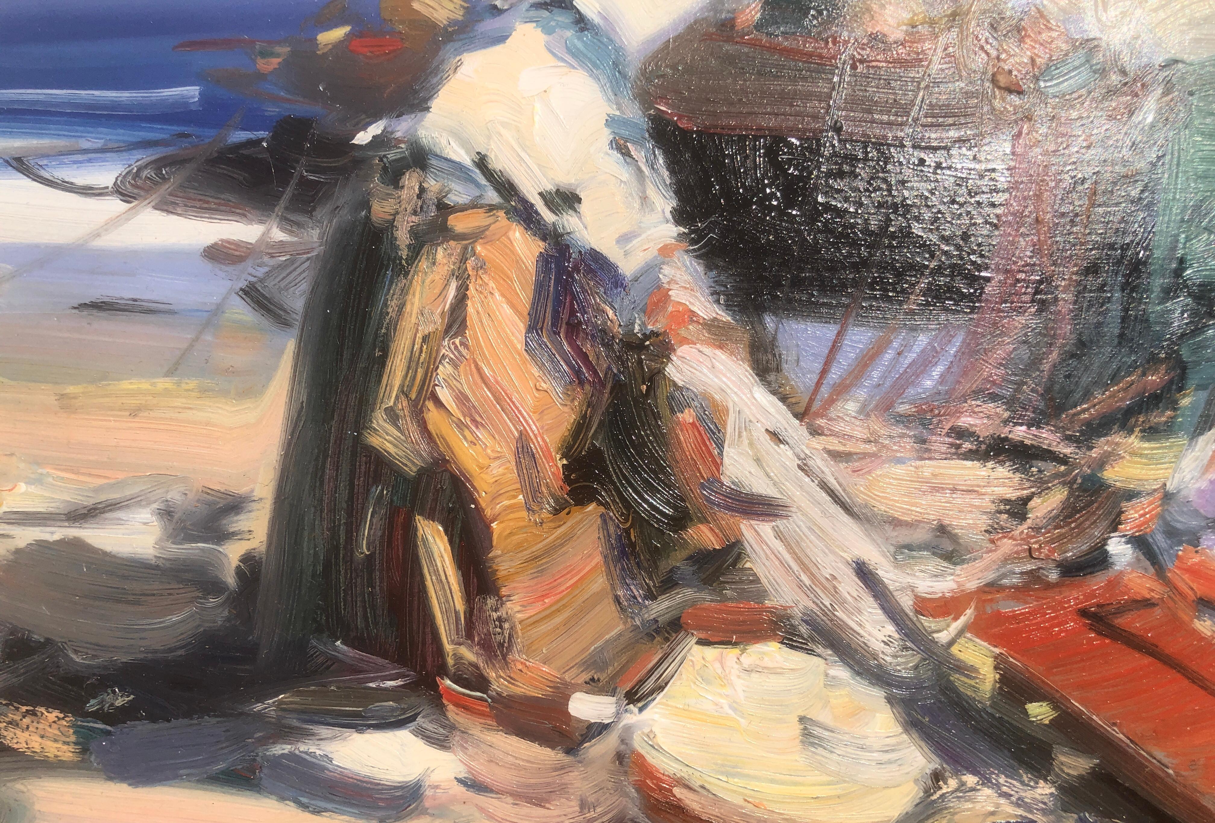 Peinture à l'huile sur panneau - Espagne - pêcheurs espagnols sur la plage en vente 1