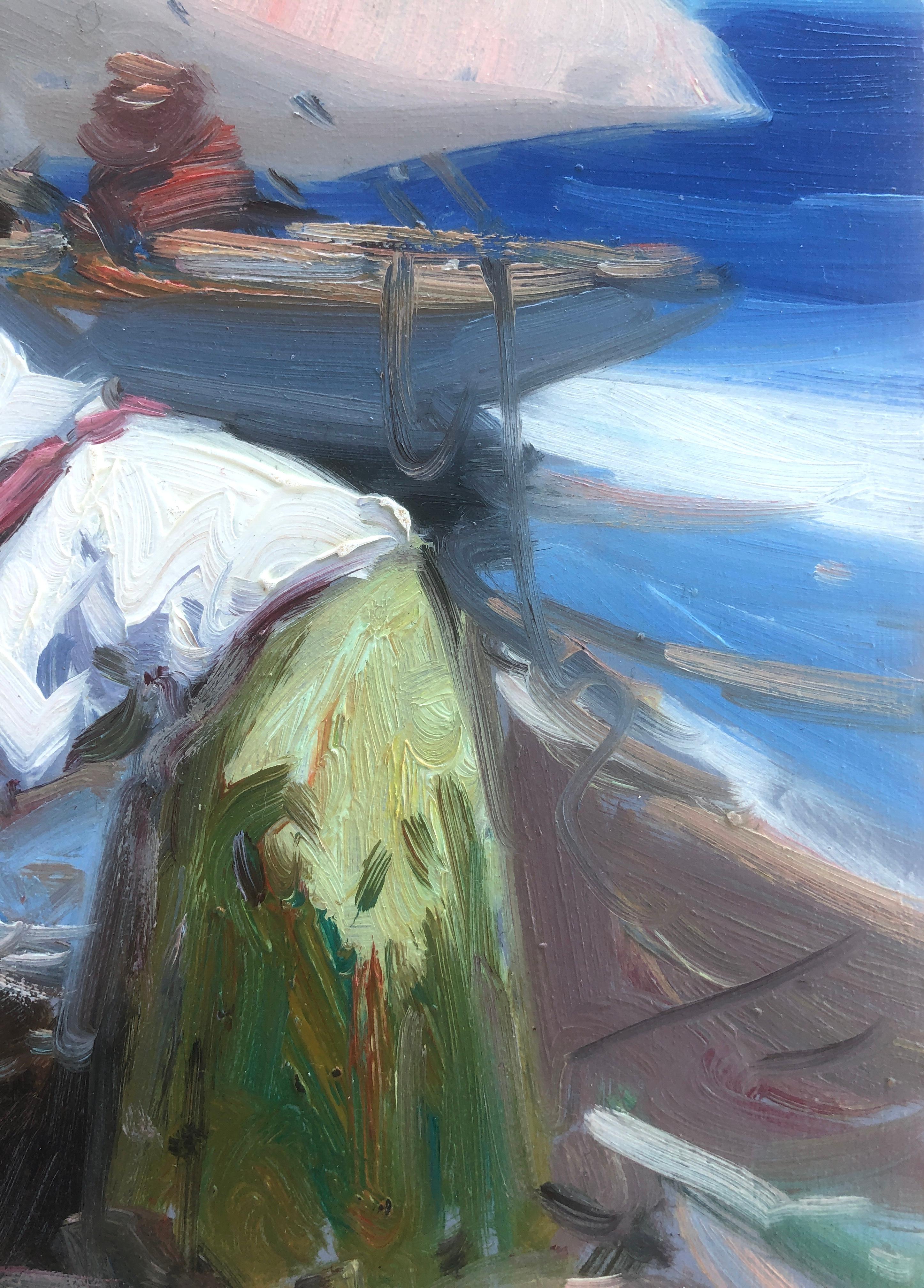 Peinture à l'huile sur panneau - Espagne - pêcheurs espagnols sur la plage en vente 1