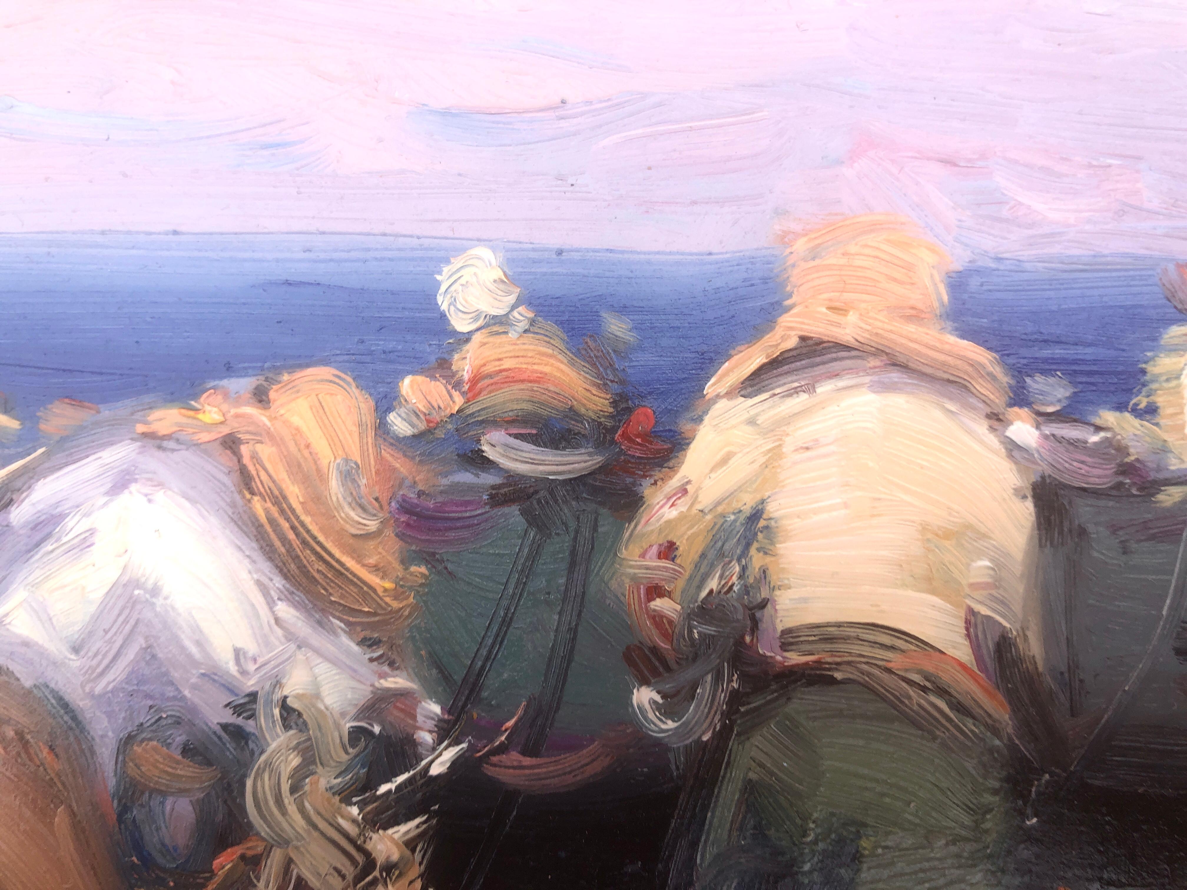 Pescadores españoles en la playa España pintura al óleo sobre tabla en venta 1