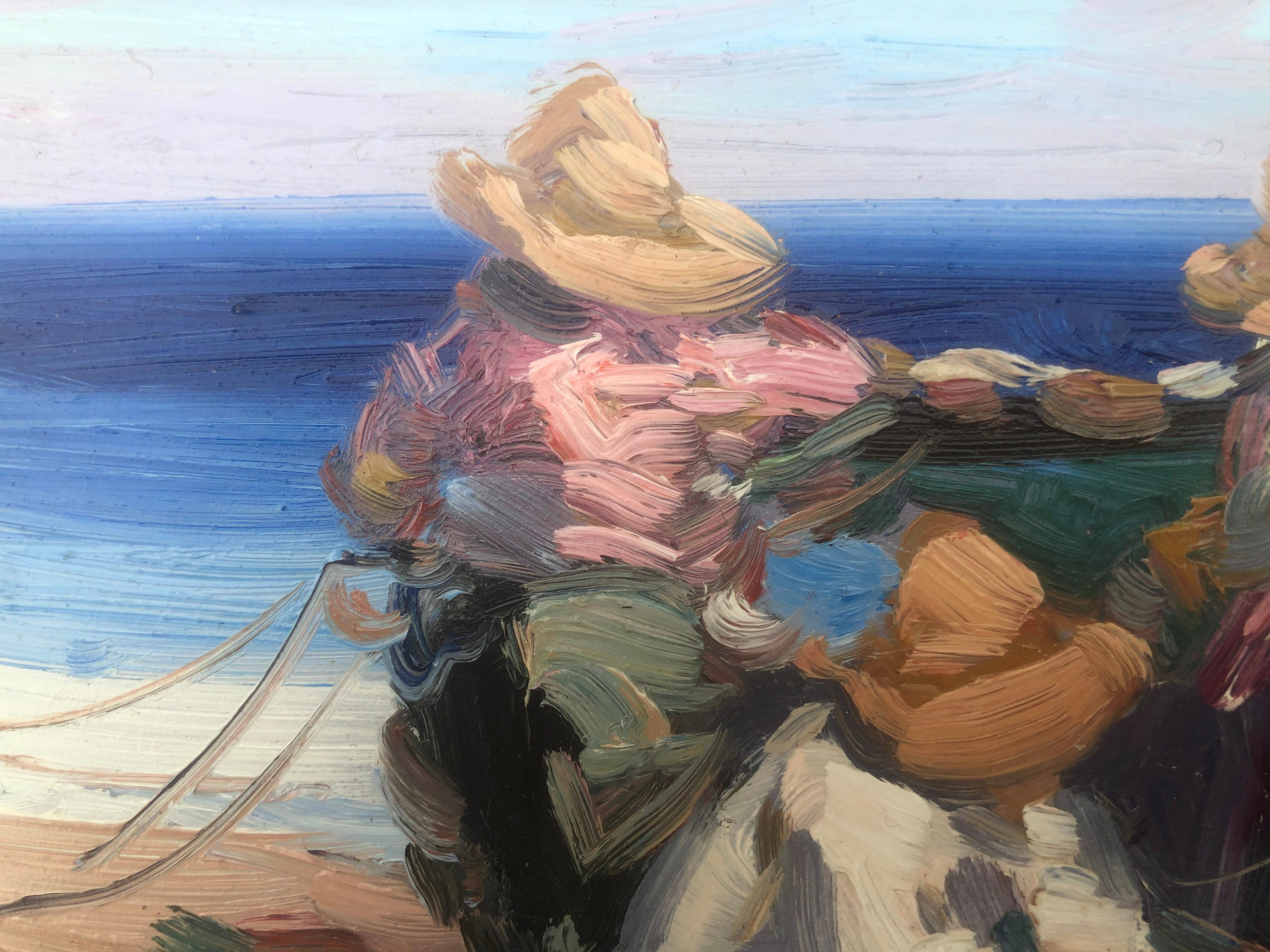 Spanish fishermen on the beach Spain oil on board painting - Gray Figurative Painting by Gabriel Casarrubios