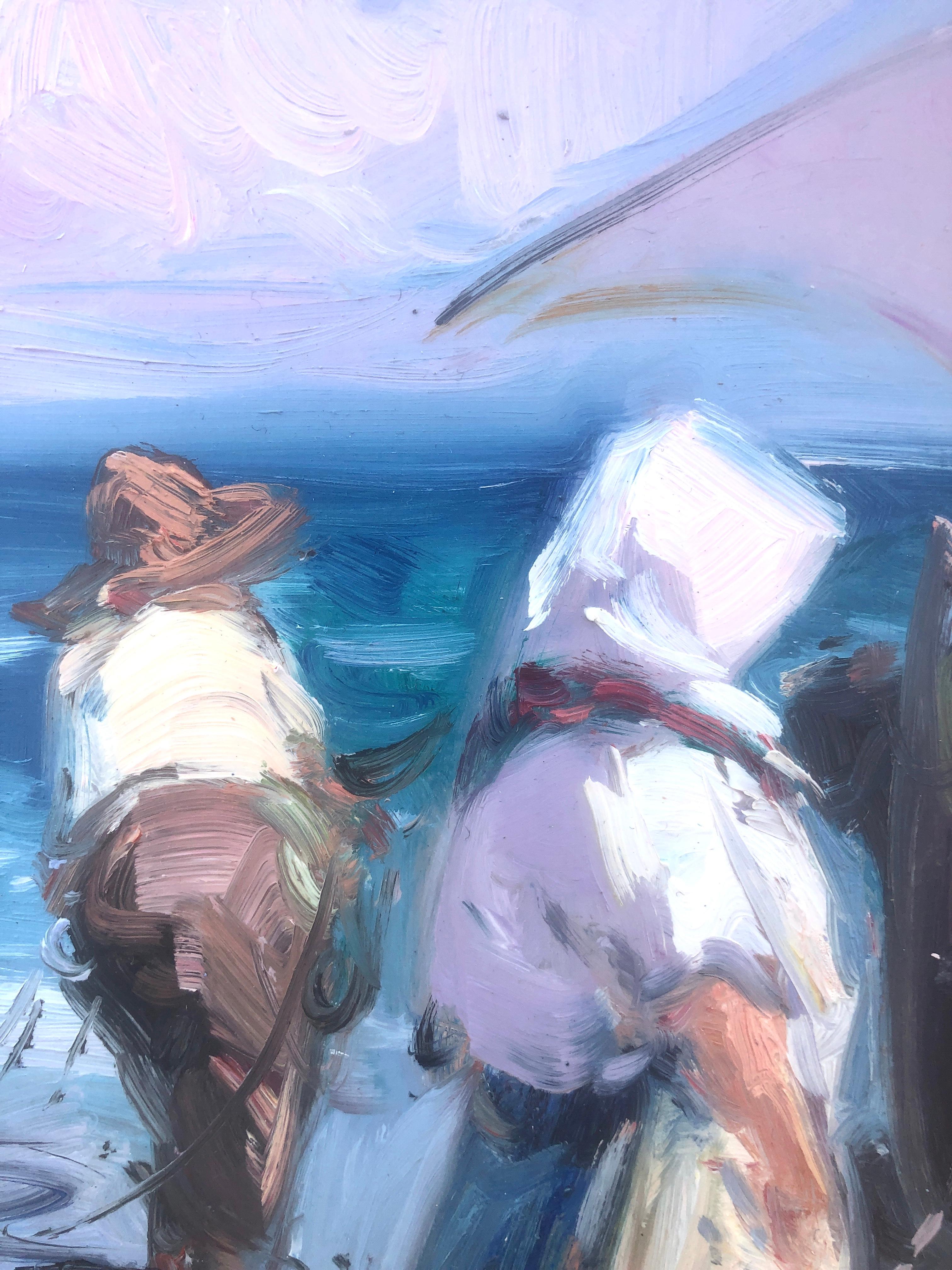 Peinture à l'huile sur panneau - Espagne - pêcheurs espagnols sur la plage en vente 2