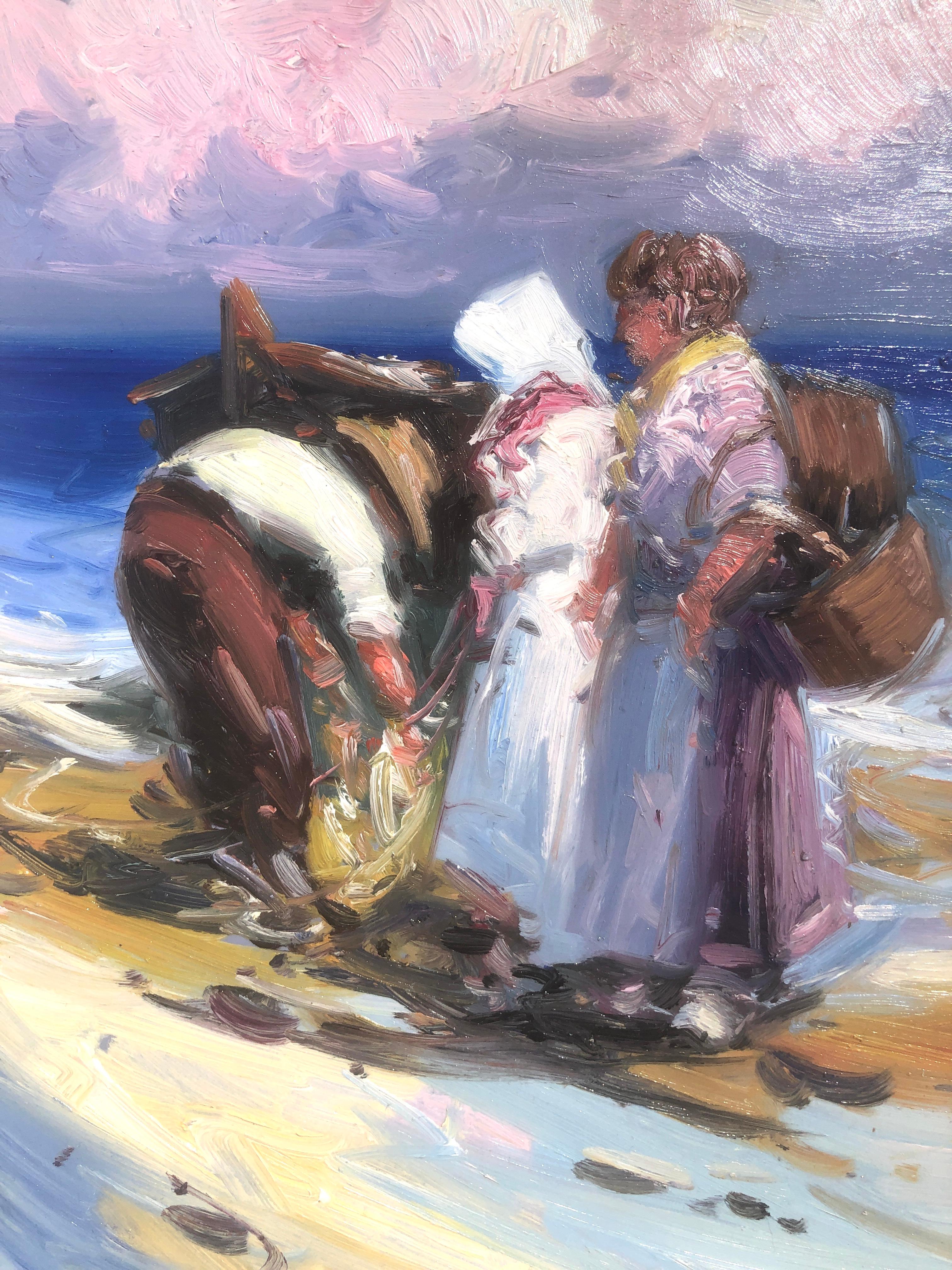 Spanish fishermen on the beach Spain oil on board painting For Sale 2