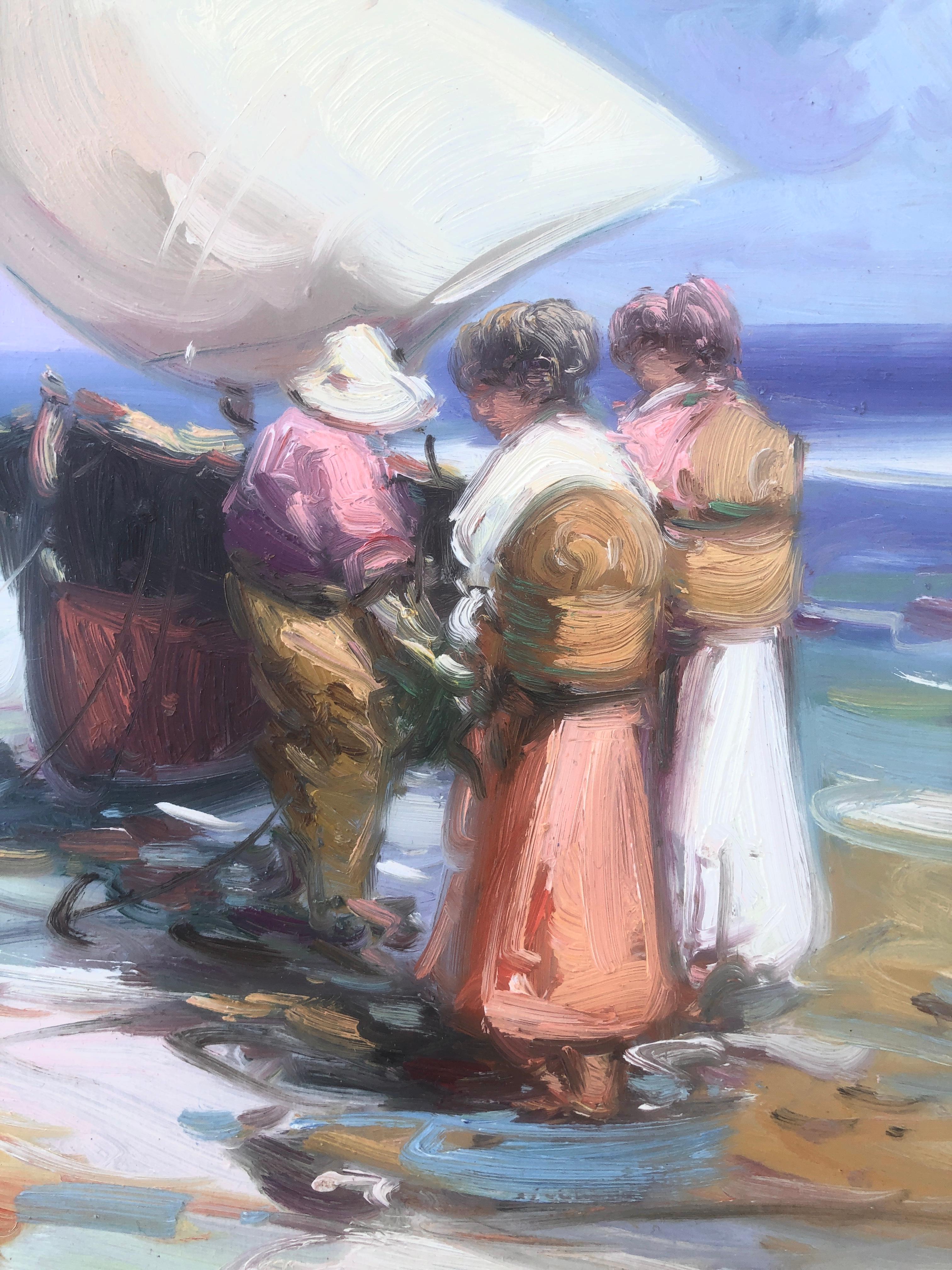Peinture à l'huile sur panneau - Espagne - pêcheurs espagnols sur la plage en vente 3