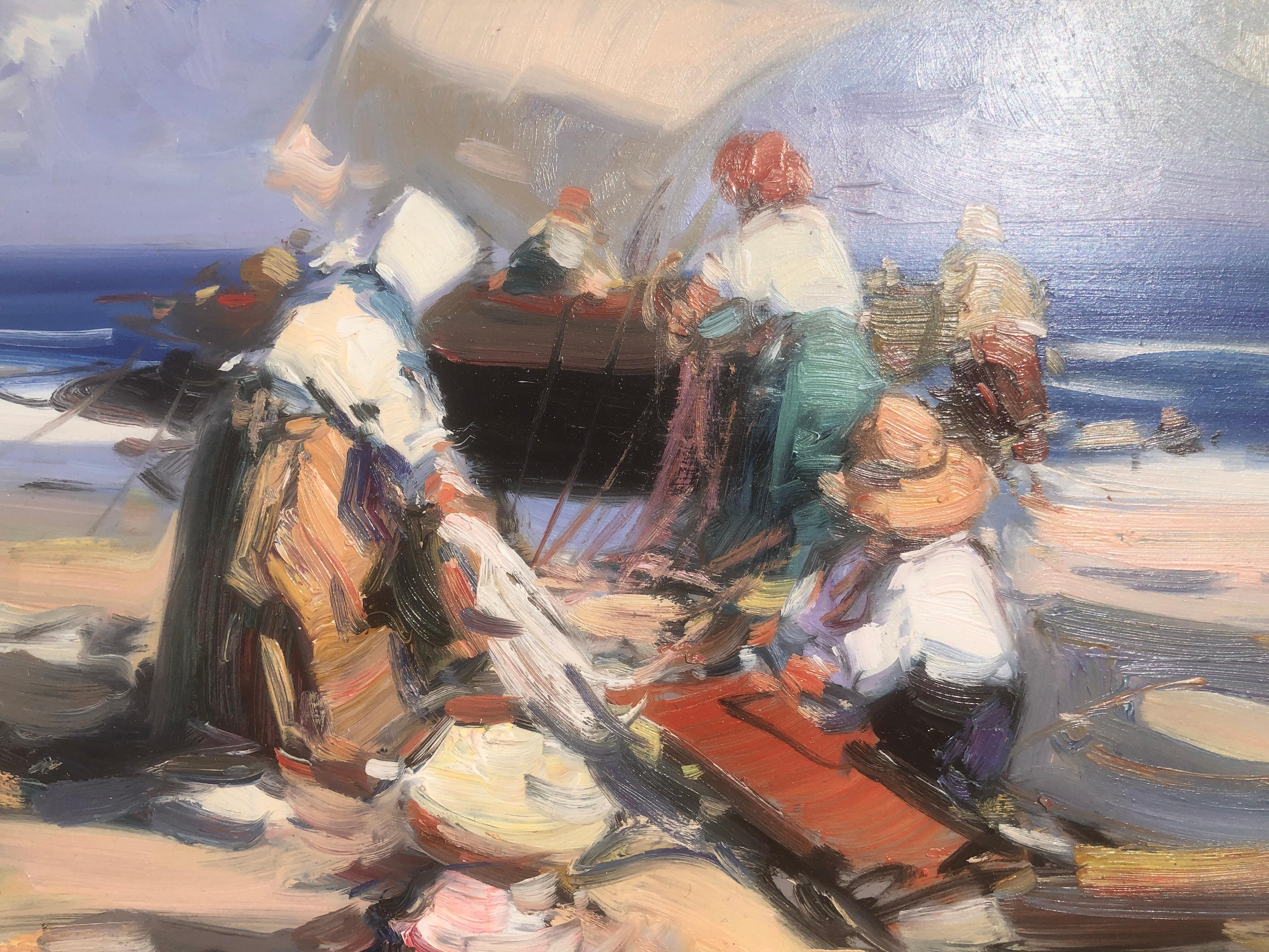 Peinture à l'huile sur panneau - Espagne - pêcheurs espagnols sur la plage en vente 2
