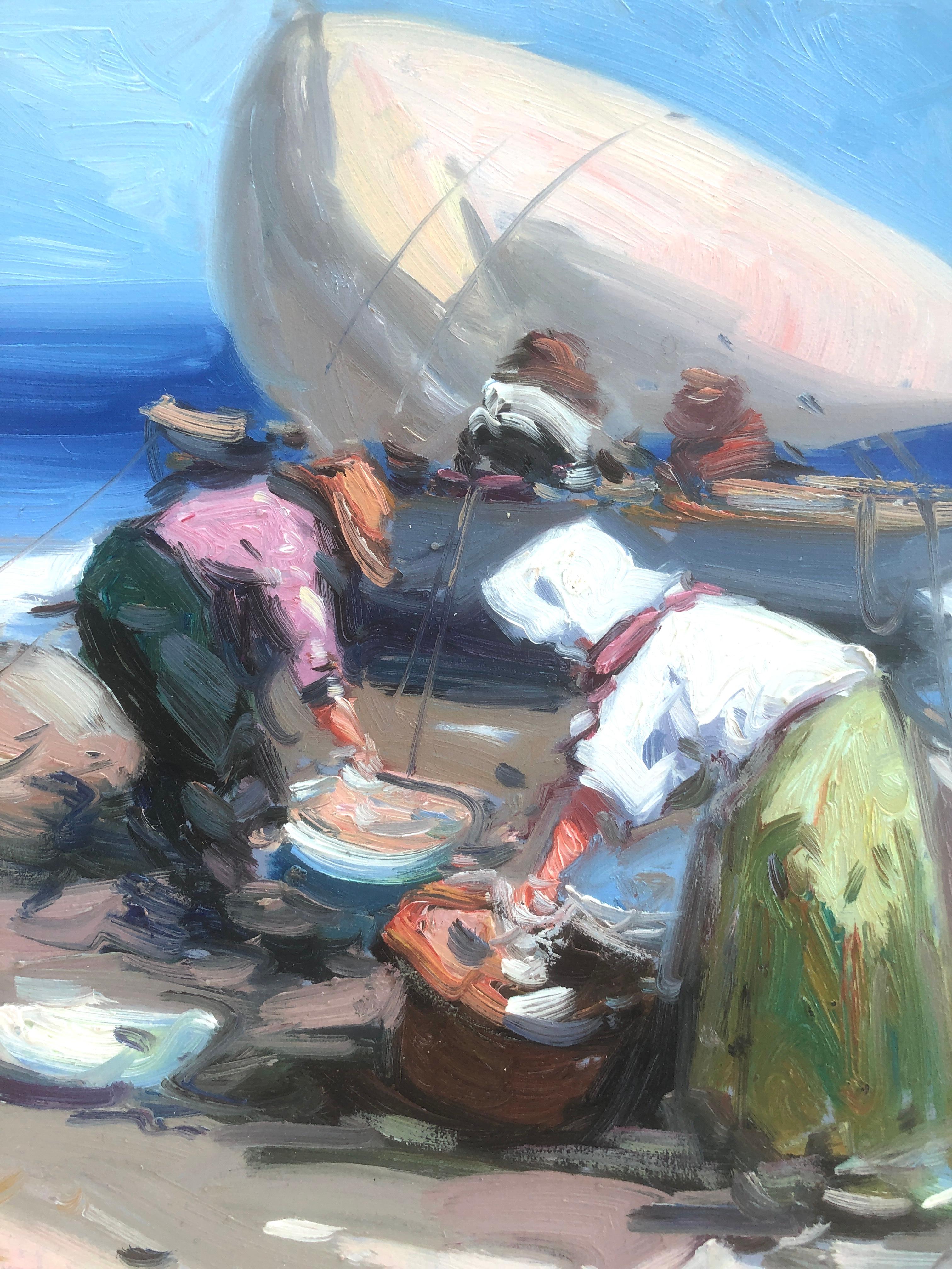 Spanische Fischer am Strand, Spanien, Ölgemälde auf Karton im Angebot 2