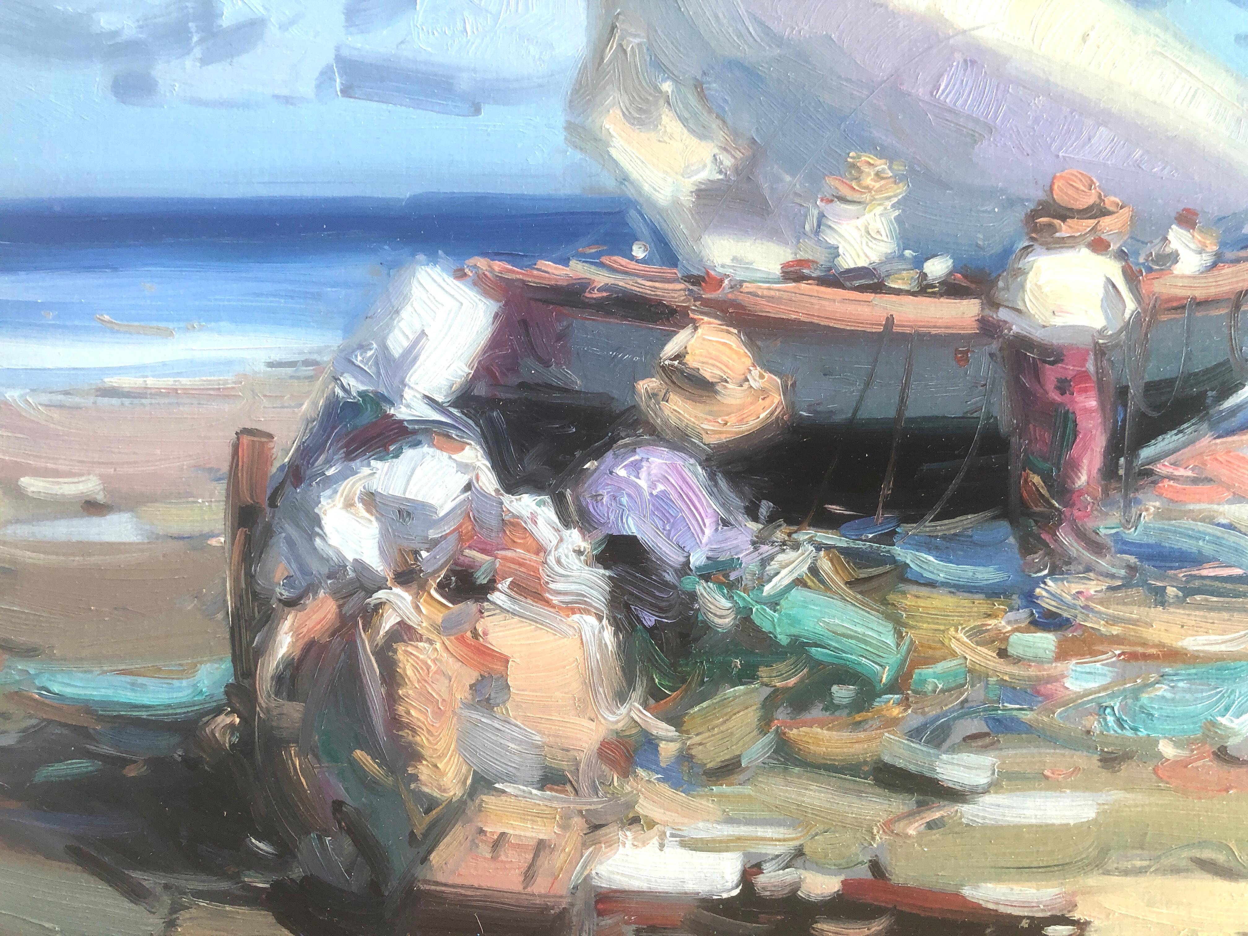 Peinture à l'huile sur panneau - Espagne - pêcheurs espagnols sur la plage en vente 2