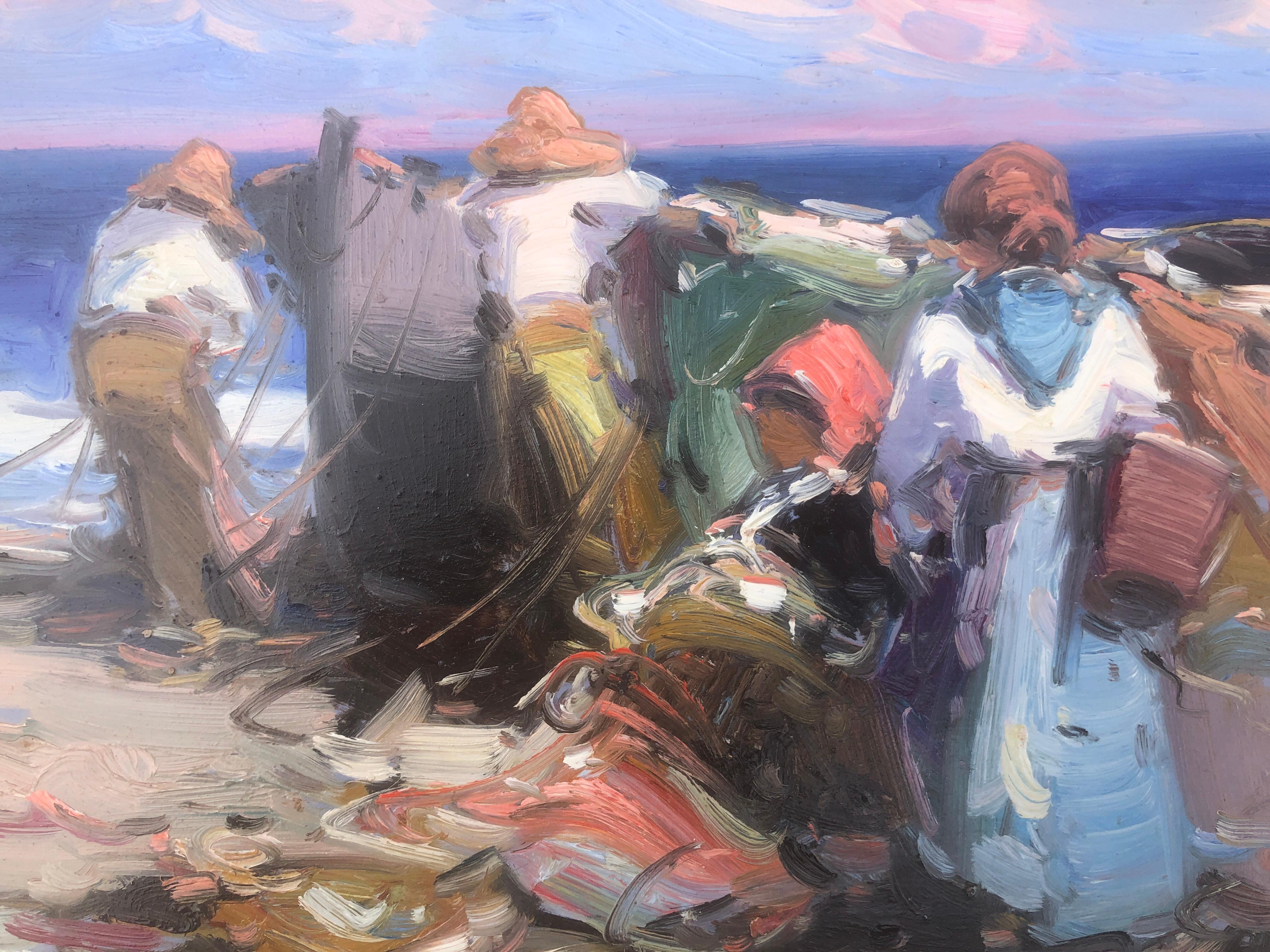 Spanish fishermen on the beach Spain oil on board painting For Sale 3