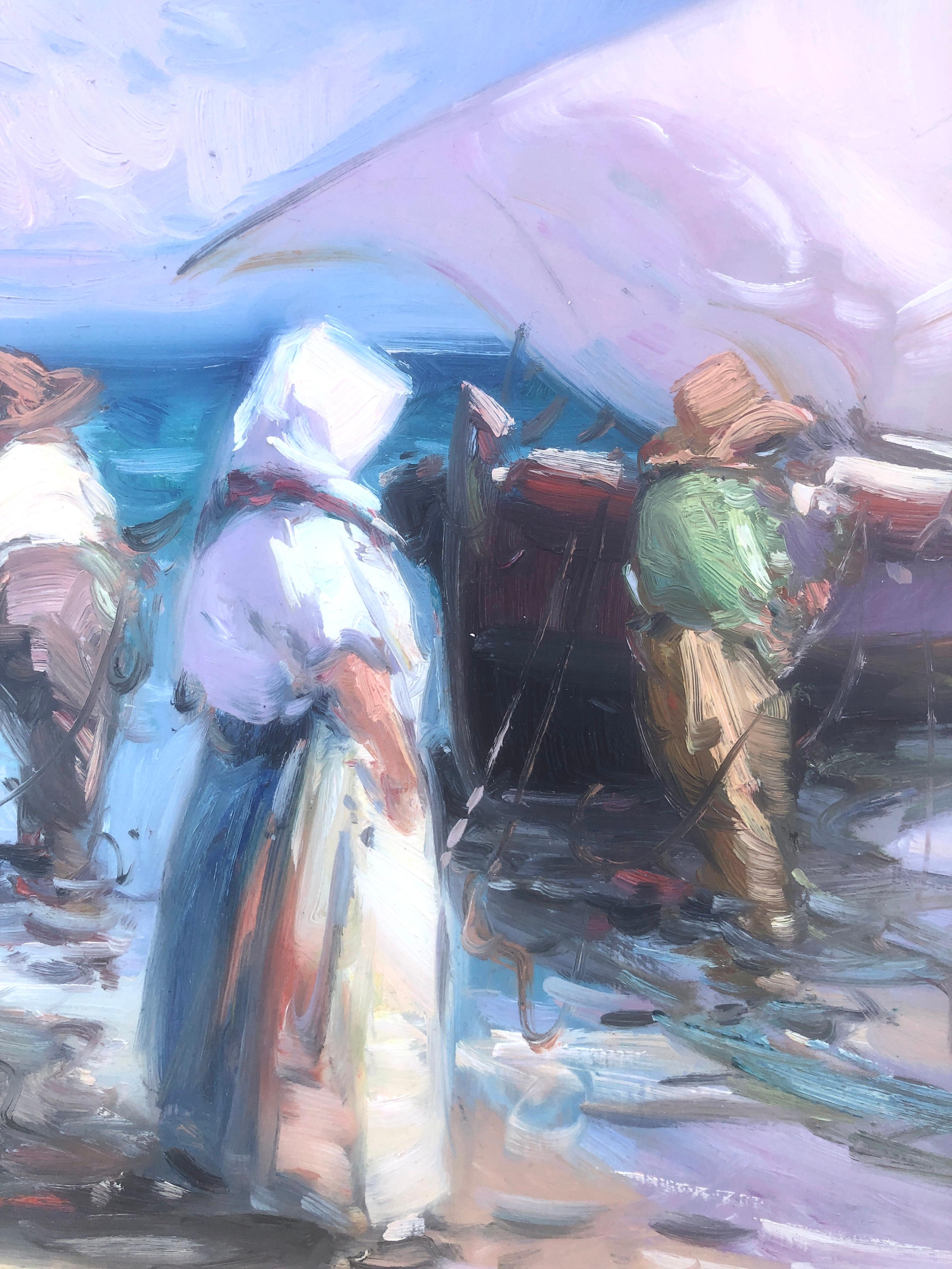 Peinture à l'huile sur panneau - Espagne - pêcheurs espagnols sur la plage en vente 3
