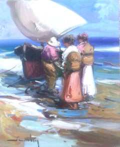 Spanish fishermen on the beach Spain oil on board painting