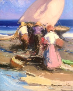 Spanish fishermen on the beach Spain oil on board painting